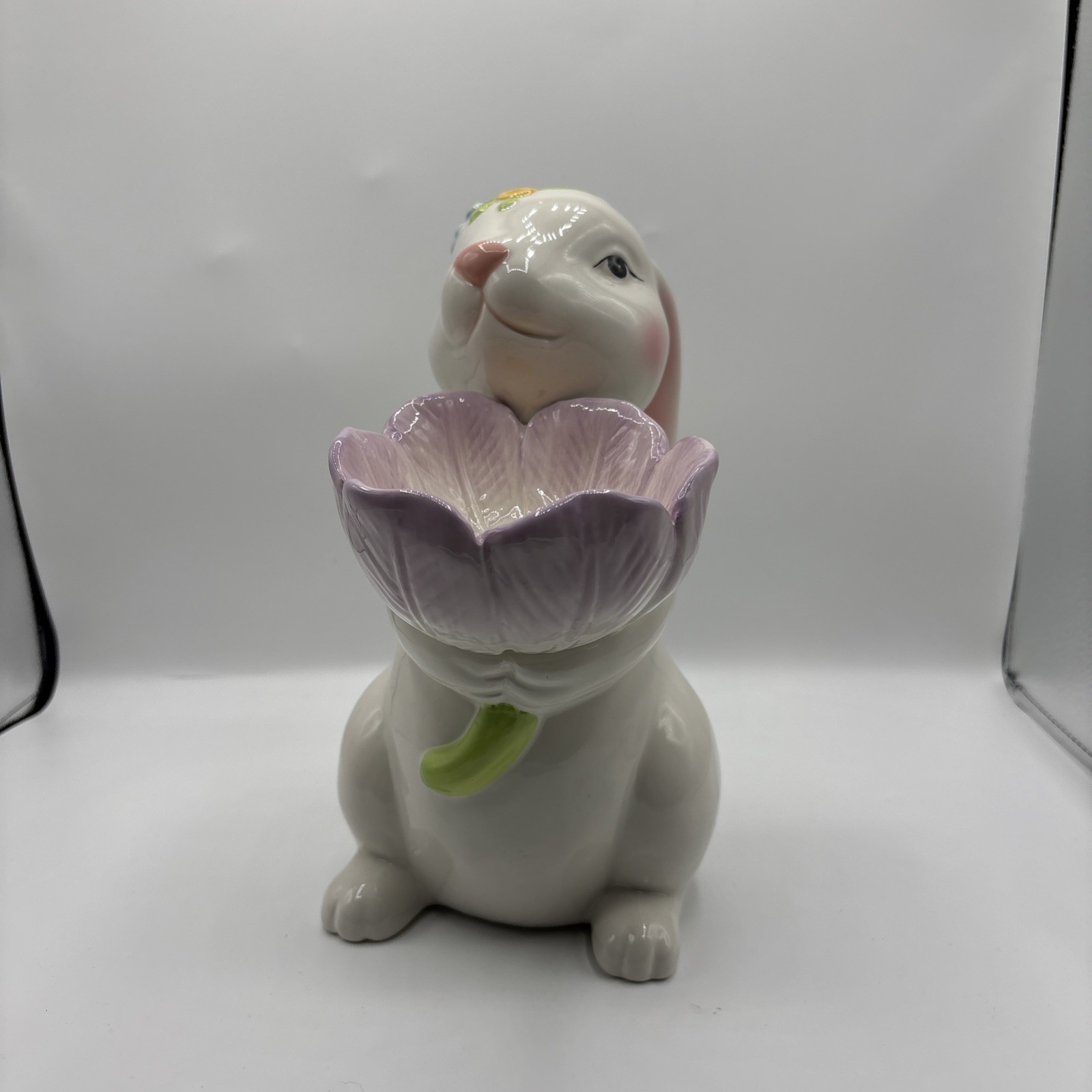 Fine Ceramic Bunny Rabbit Holding Pink Tulip Flowers Candy Candle