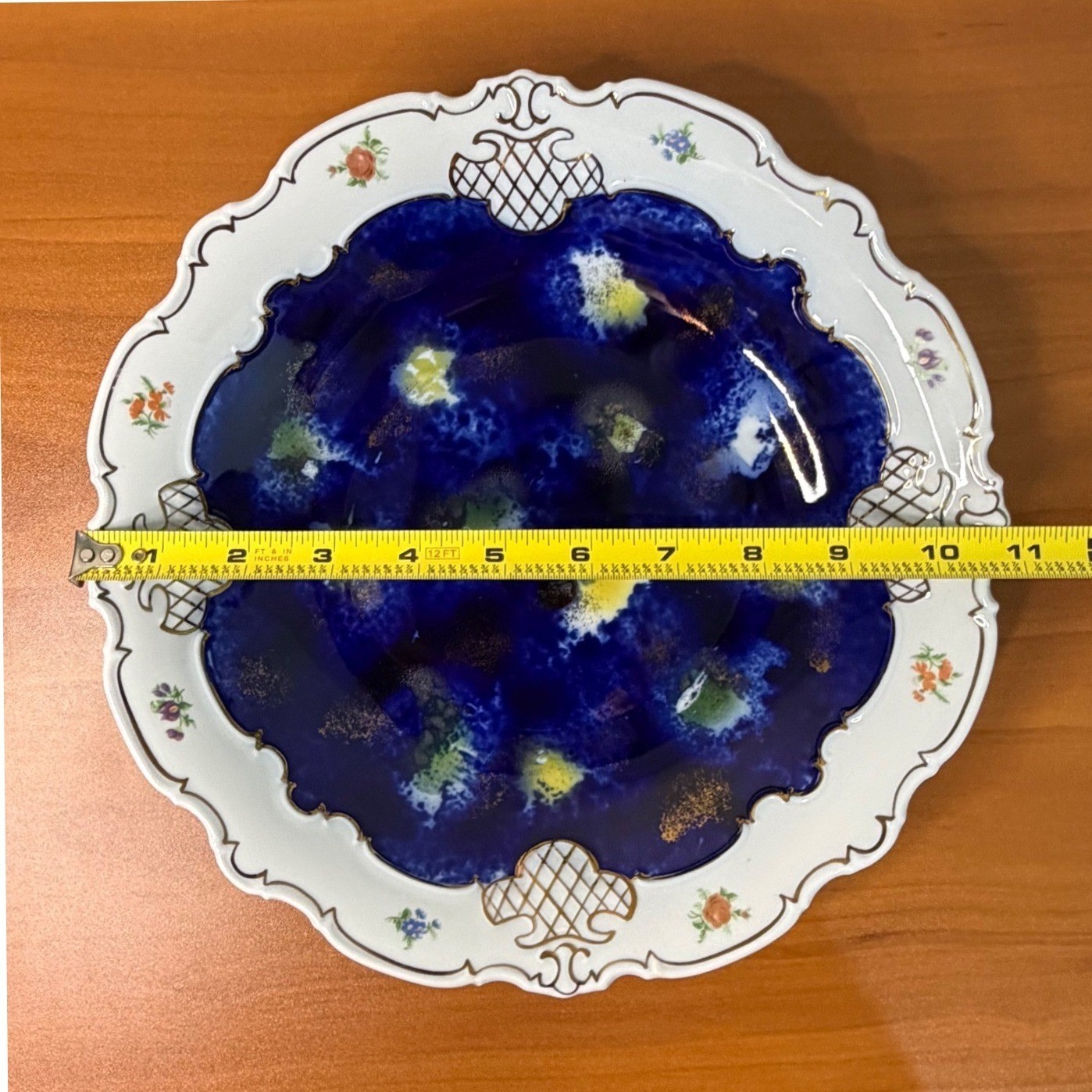 Wallendorf Porcelain Echt Kobalt Blue Gold Floral Scalloped Serving Bowl 11″