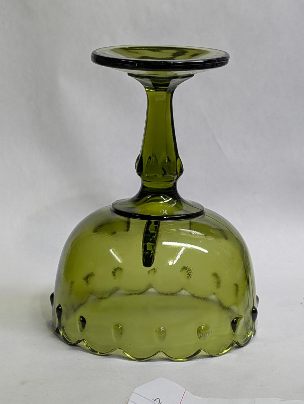 Vintage Indiana Glass Scalloped Olive Green Tear Drop Pedestal Compote Dish 7.5″