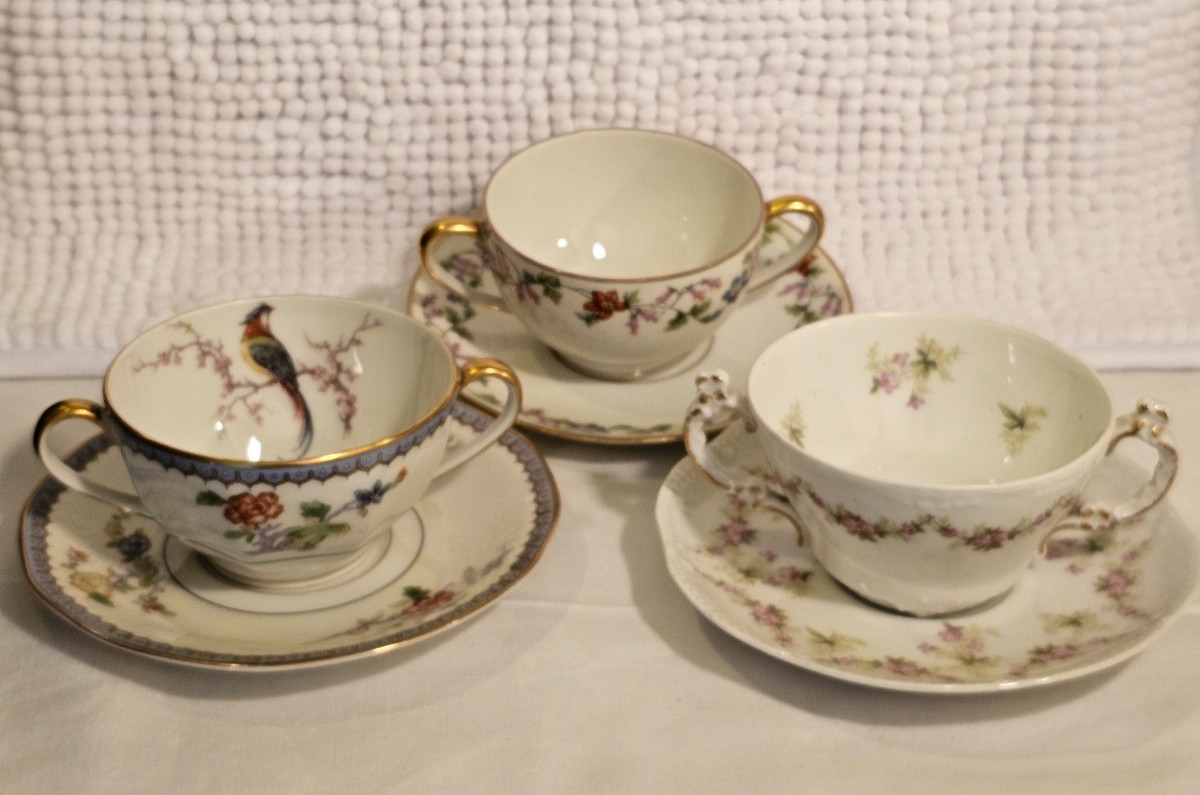 Bouillon cups w/ saucers, set of three, vintage, Haviland, T & V, CF Haviland