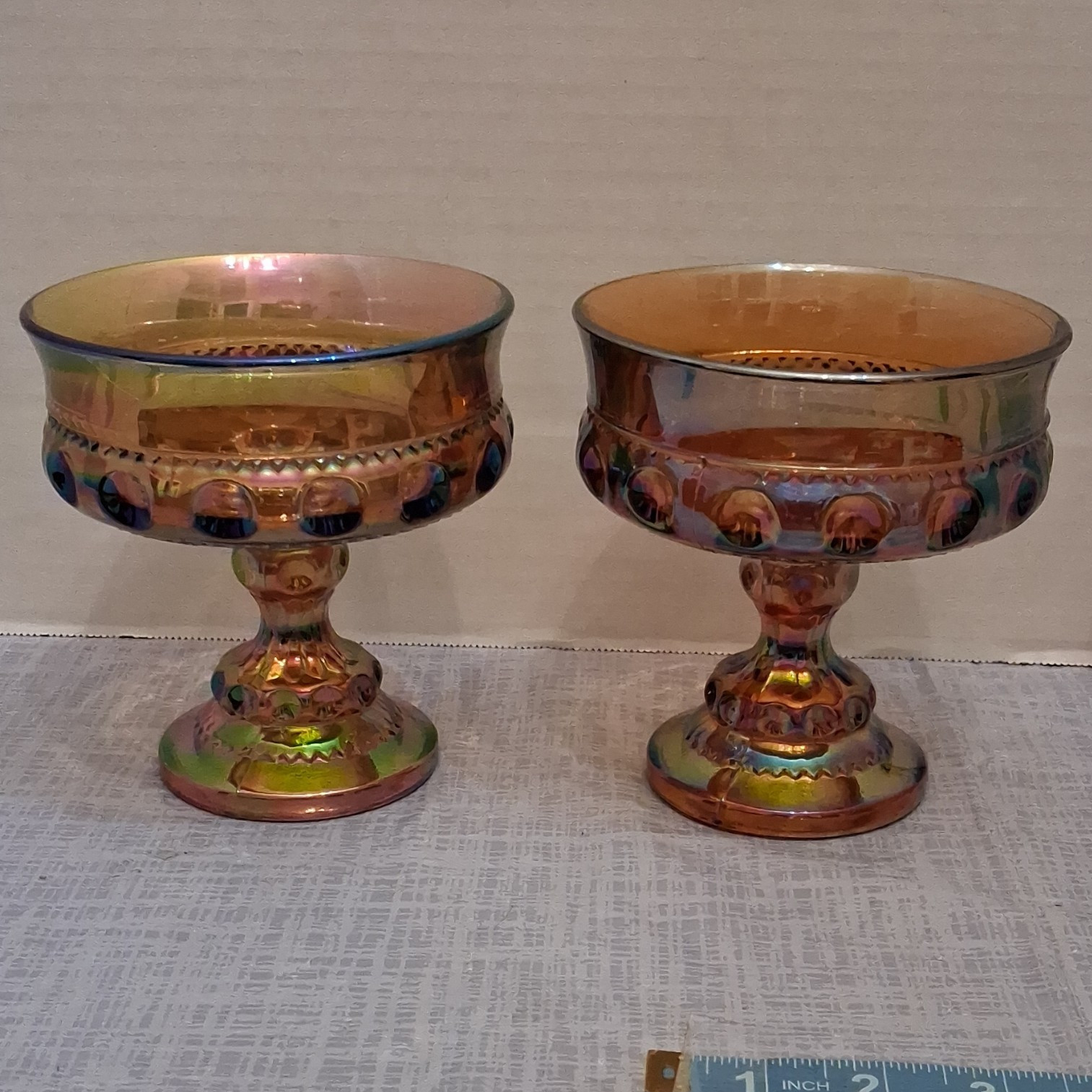 Amber Iridescent Carnival Glass Pedestal Compote Bowls, 5 in Height, Set of 2