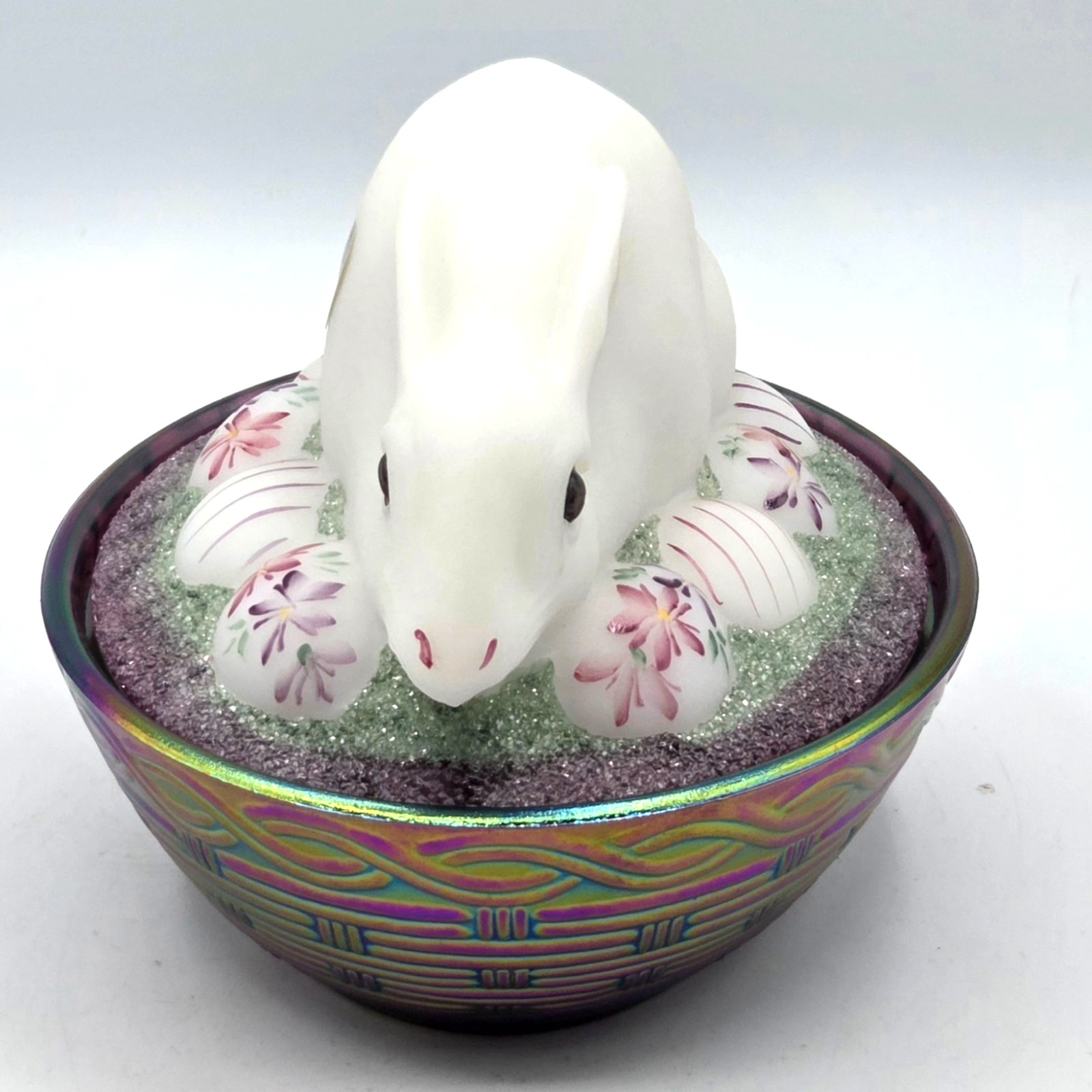 FENTON COVERED EASTER BUNNY DISH Irridescent Nest HAND PAINTED SIGNED by ARTIST