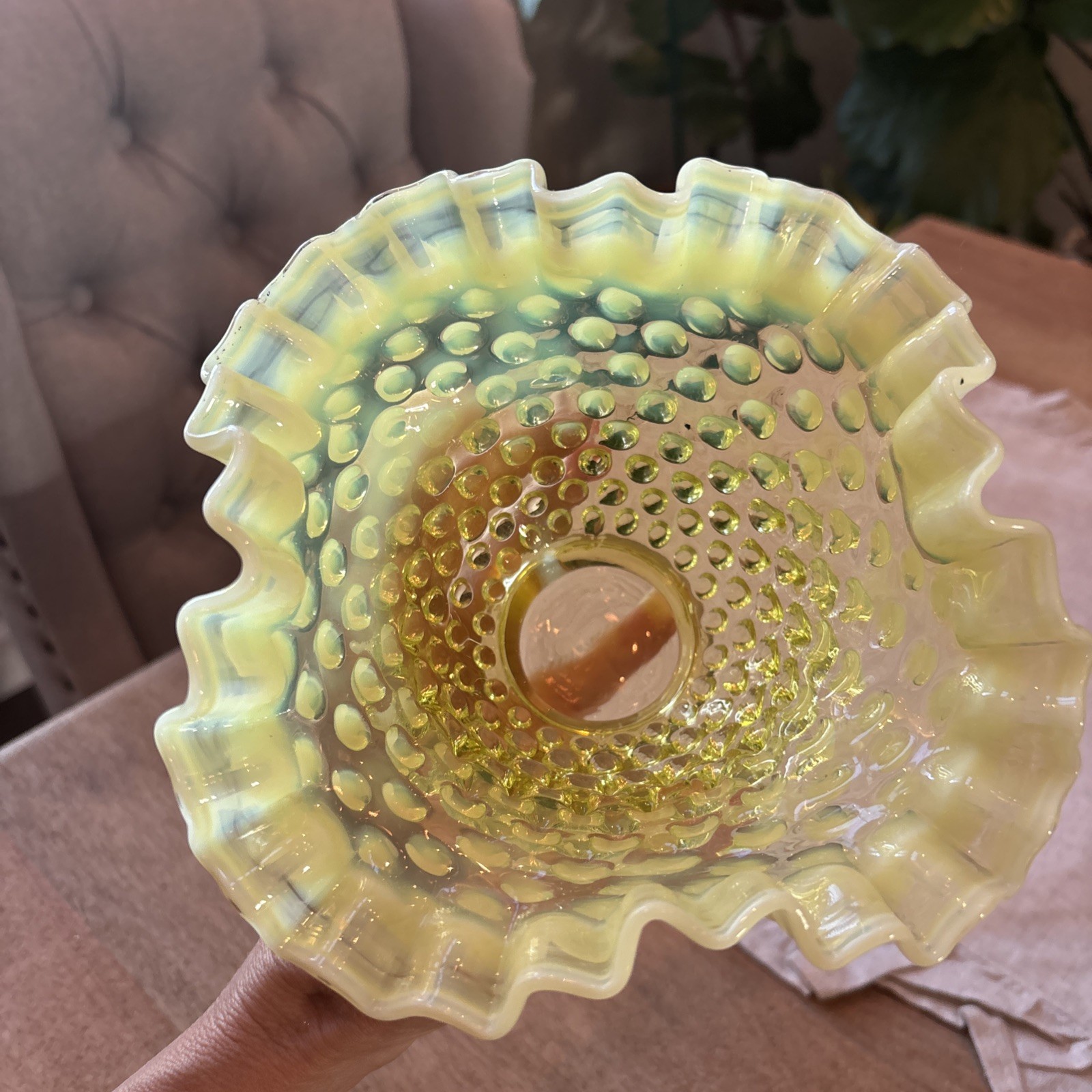 Fenton Vaseline Glass Topaz Opalescent Hobnail Bowl Ruffled Edge 7”