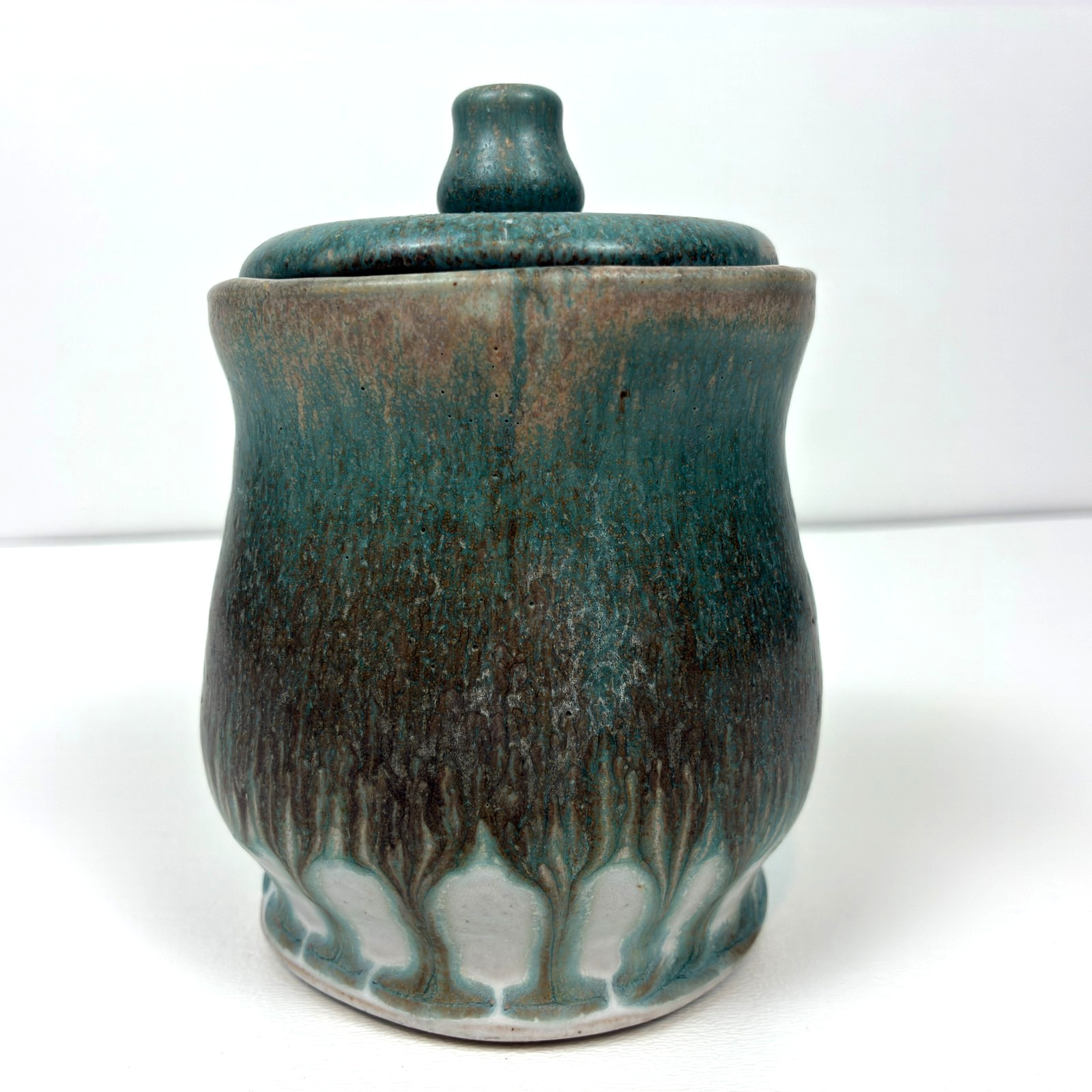 Studio Pottery Canister Jar With Lid Signed Blue Brown Drip Glaze