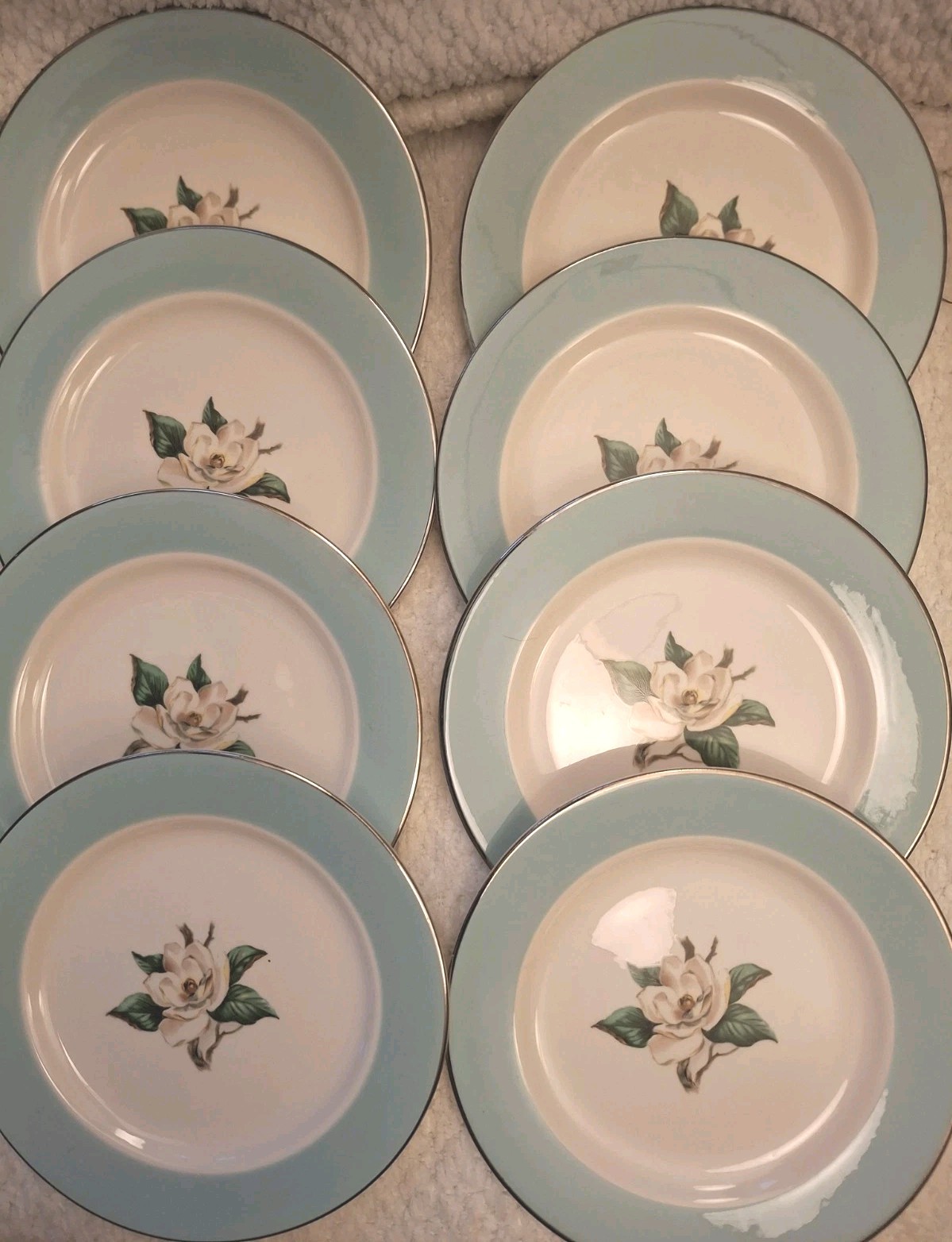 Set Of 8 Homer Laughlin Lifetime China Turquoise Magnolia, Salad Dessert Plates