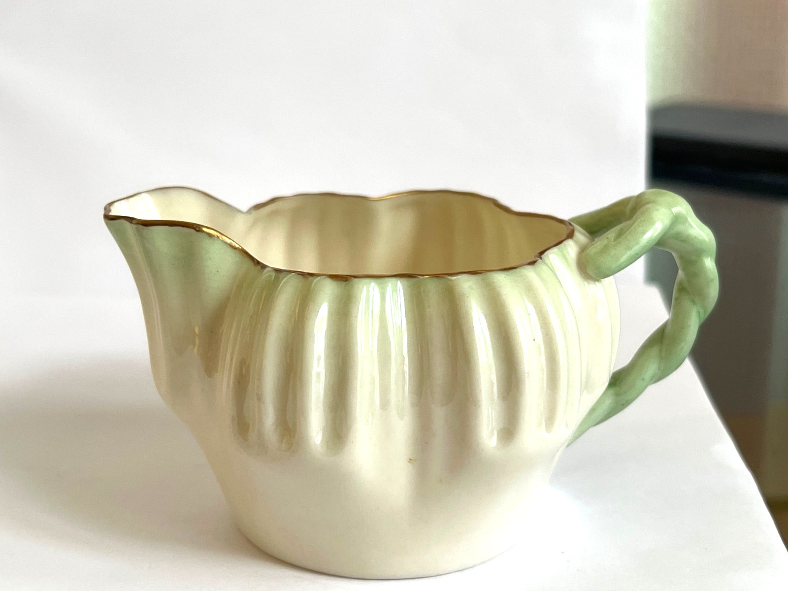 IRISH BELLEEK Creamer & Sugar HEXAGON w/Green Tint & Gilt Edge 2nd Black Mark