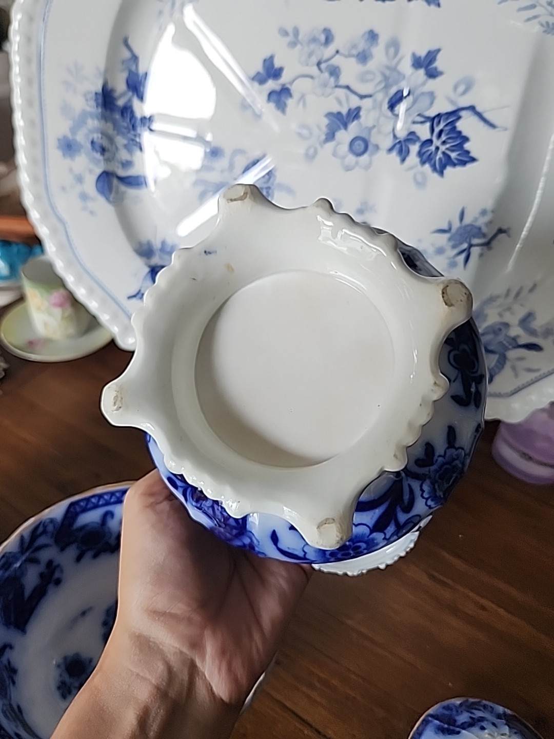 Rare Flow Blue Sugar Creamer And Bowl Trio Set Asian Motif Gold Band