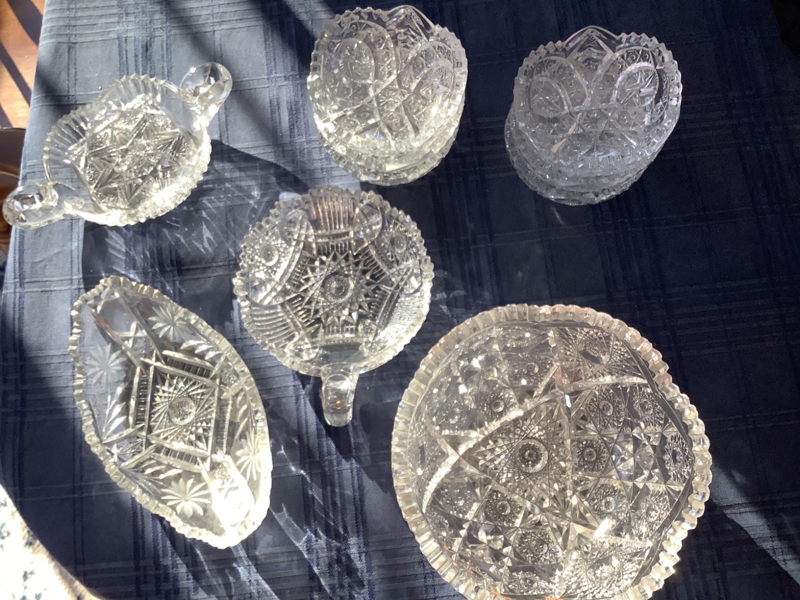 Antique American Brilliant Crystal Cut Glass-4 lg bowls/dishes plus 6 4in bowls