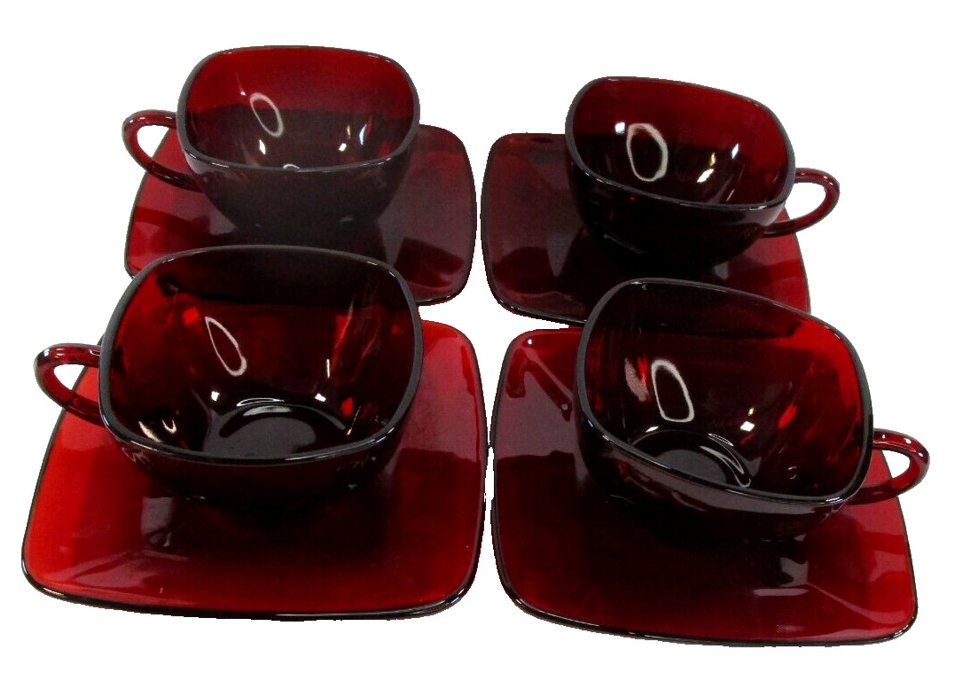 Anchor Hocking Royal Ruby Red Charm 4 Coffee Tea Cups W 4 Saucers 1950-1959 6 oz