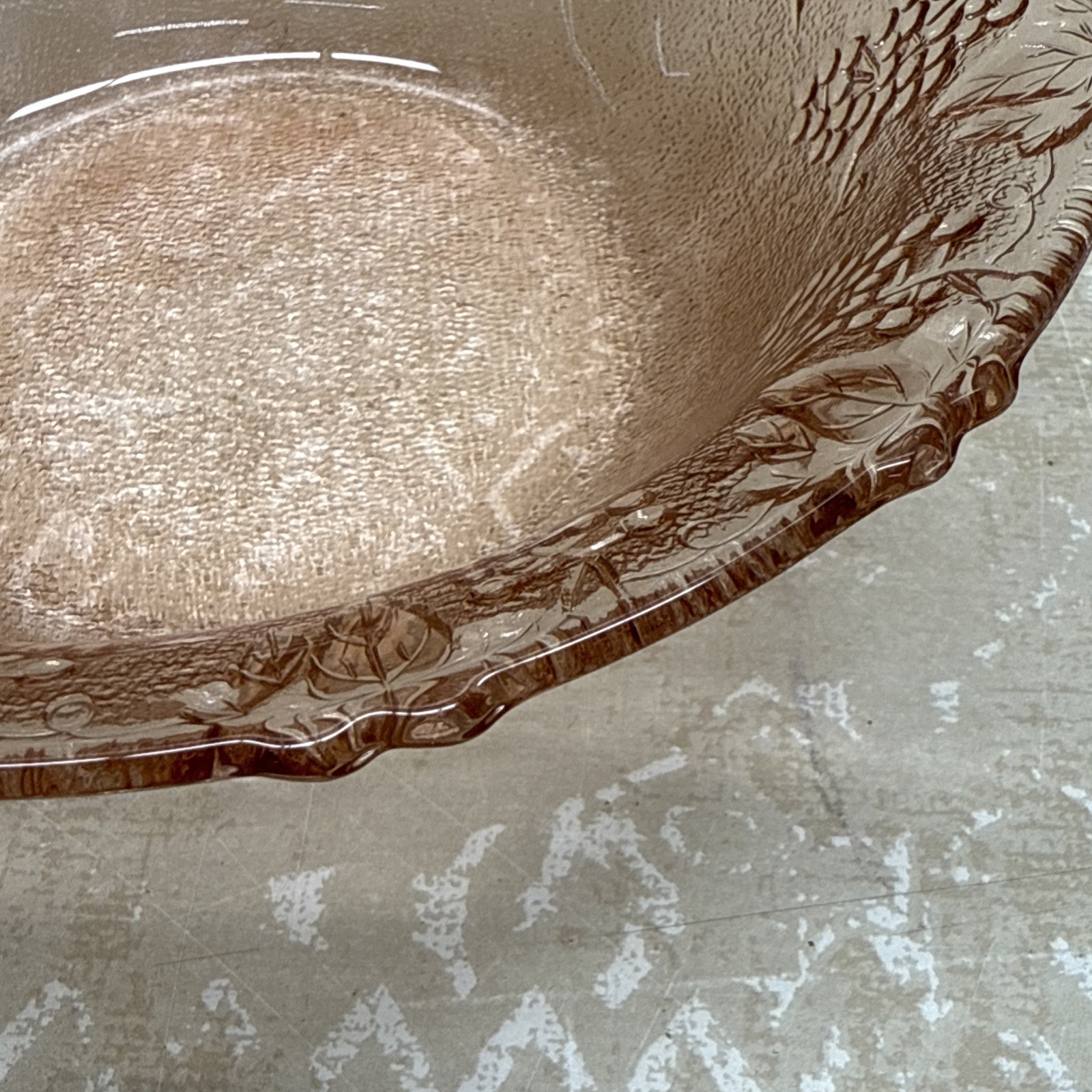 Vintage KIG Indonesia Pink Glass Grape & Leaf Embossed Dessert Bowl