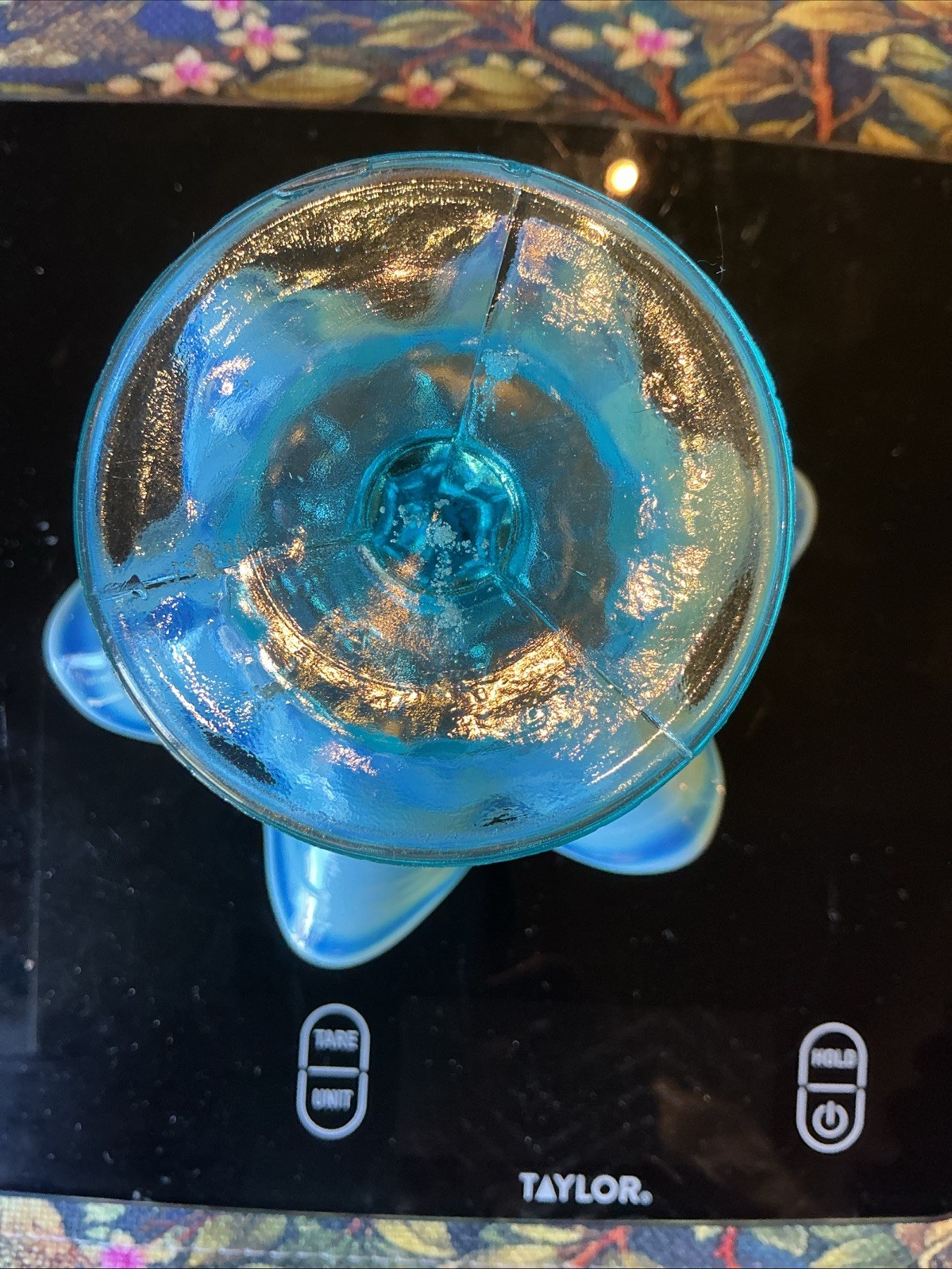 Scarce 5.5” Antique Dugan Blue Opalescent Constellation Glass Compote