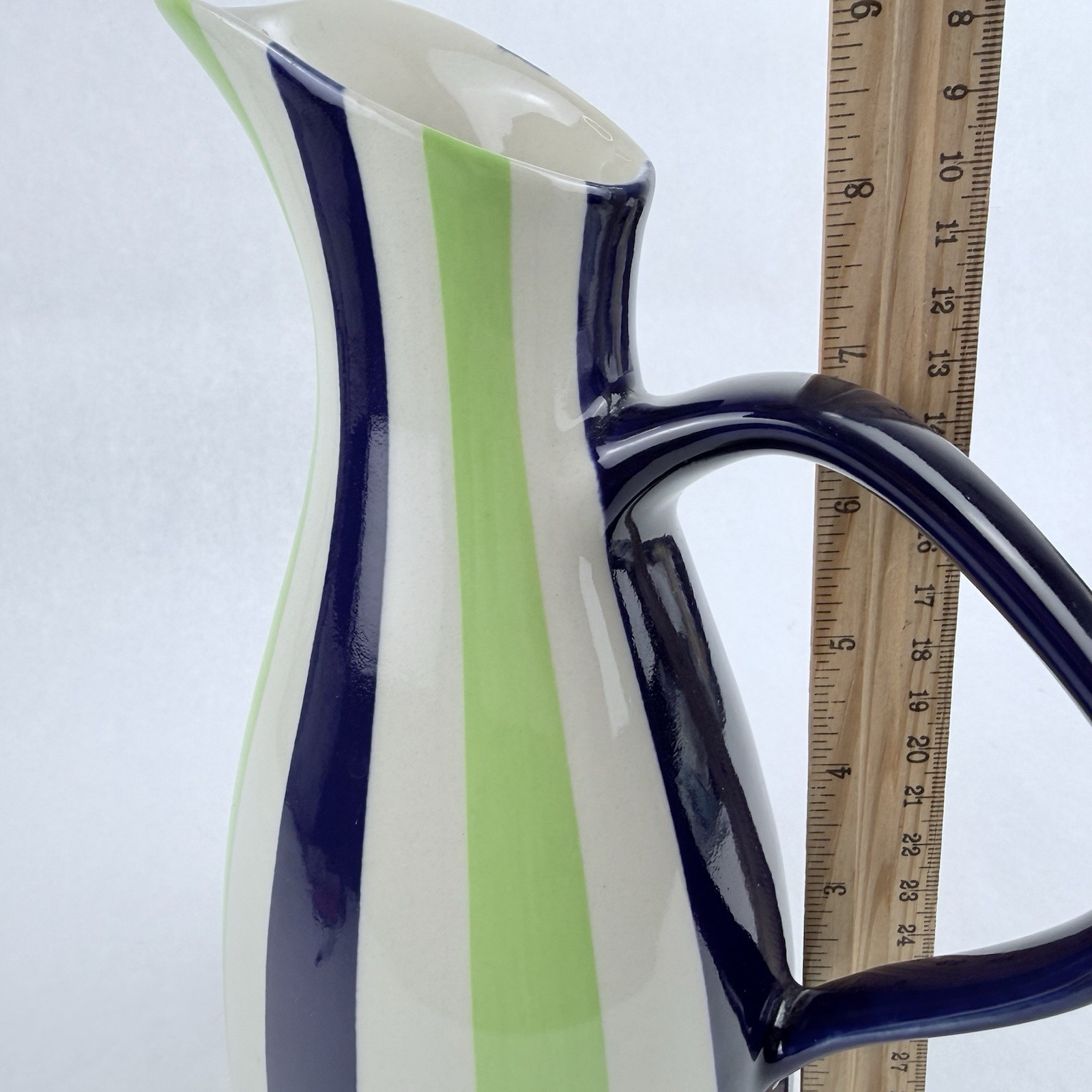 Vintage Jonathan Adler Ceramic Pitcher Pot Porter Green Blue White Stripes 9.5”