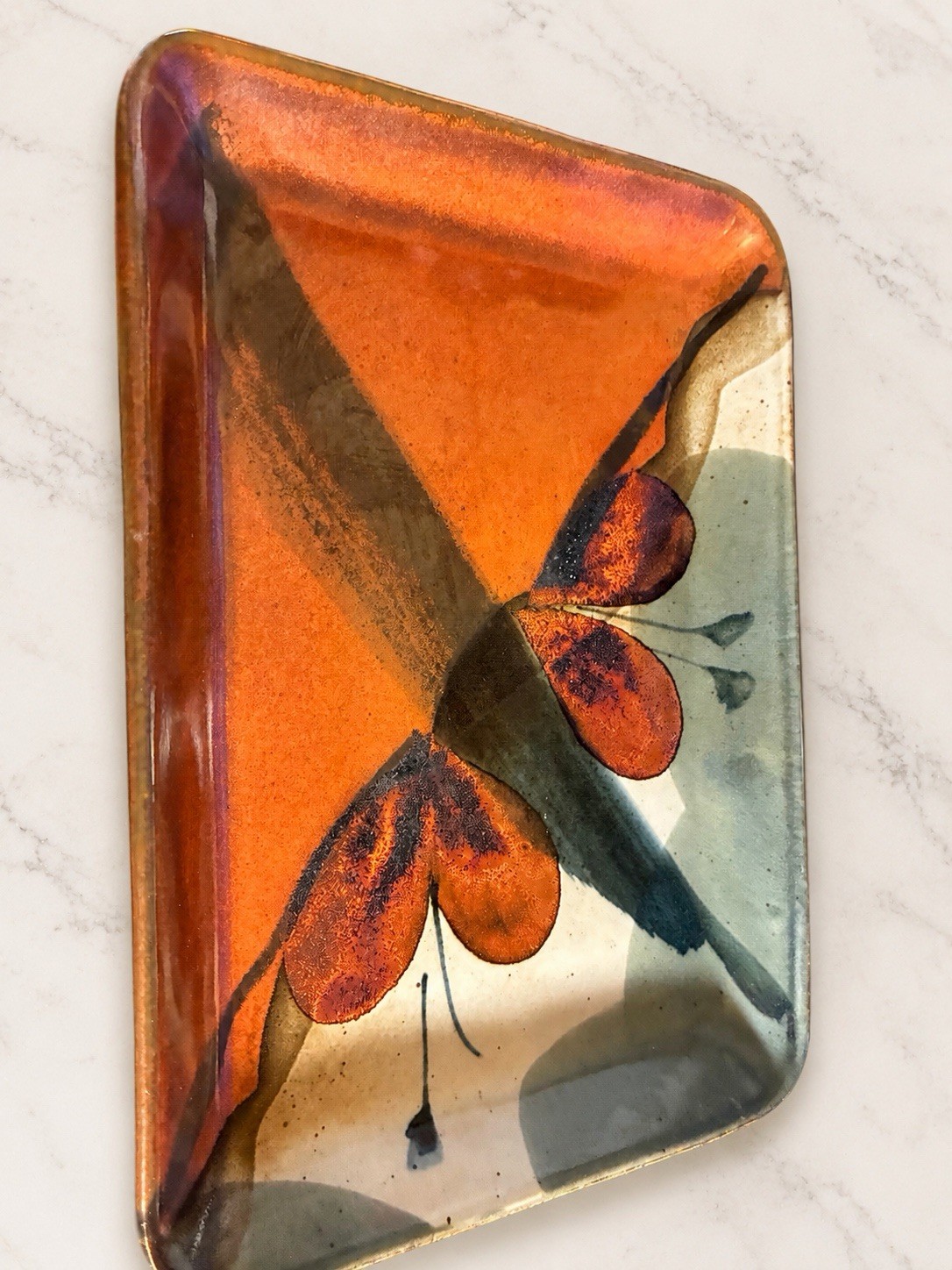 Signed Studio Pottery Ceramic Tray Abstract Floral Orange Green Trinket Dish