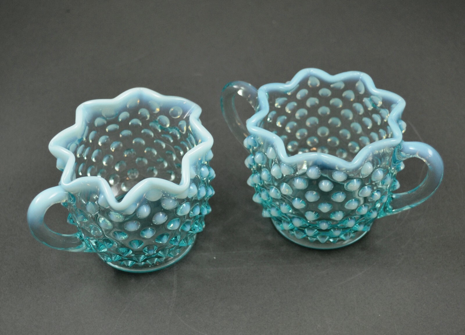 Fenton Hobnail Blue Opalescent Star Vintage Glass Creamer and Sugar