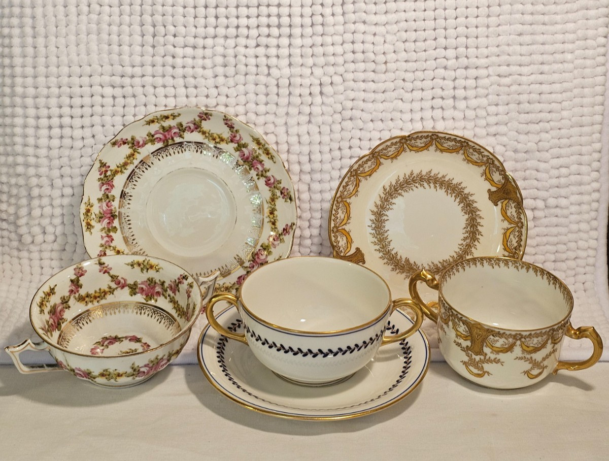 Bouillon cups w/ saucers, set of three, vintage china, Haviland, Vignaud, Saxe