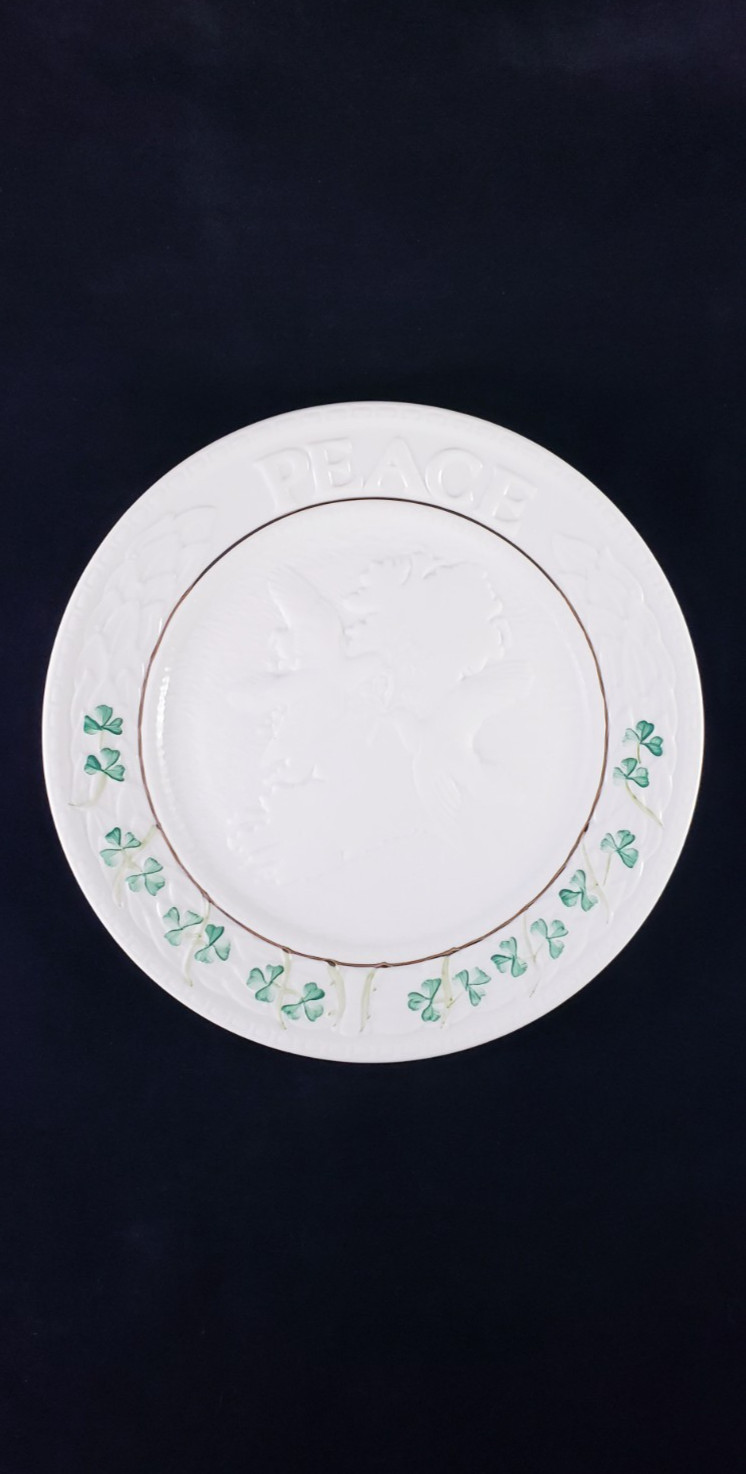 Belleek Ireland Fine China Peace Plate w/ Doves Shamrocks & Gold Trim