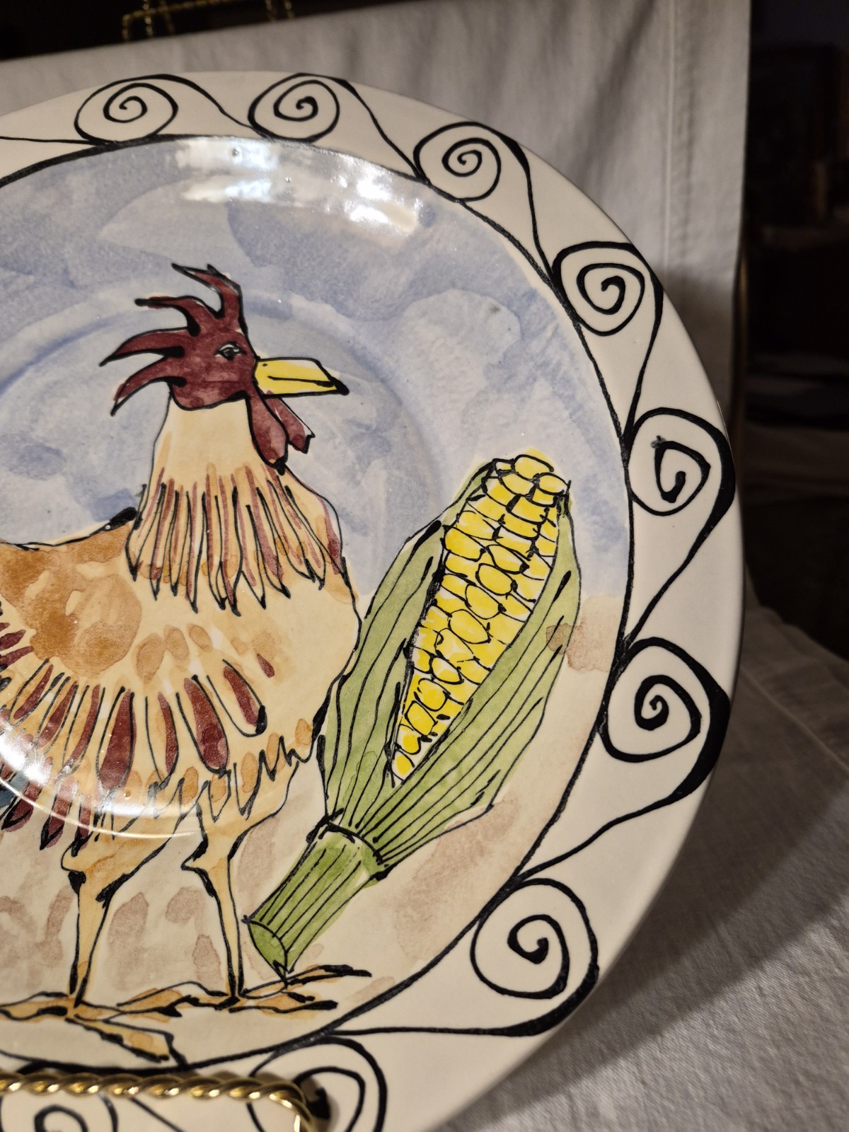 1997 Steve Hasslock 12″ Handpainted ROOSTER Pottery Signed Plate Farm Cottage