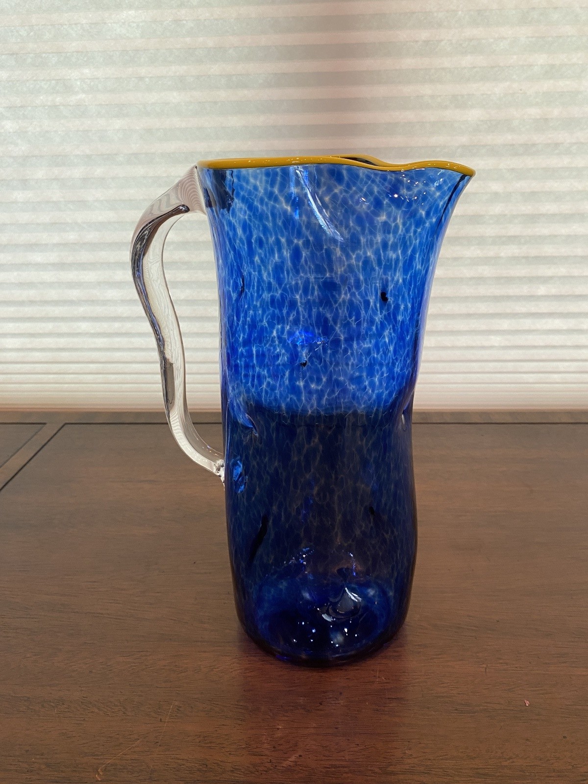 GEORGEOUS LARGE 2019 Cobalt Blue & Yellow Art Glass Pitcher 11.5″H Signed