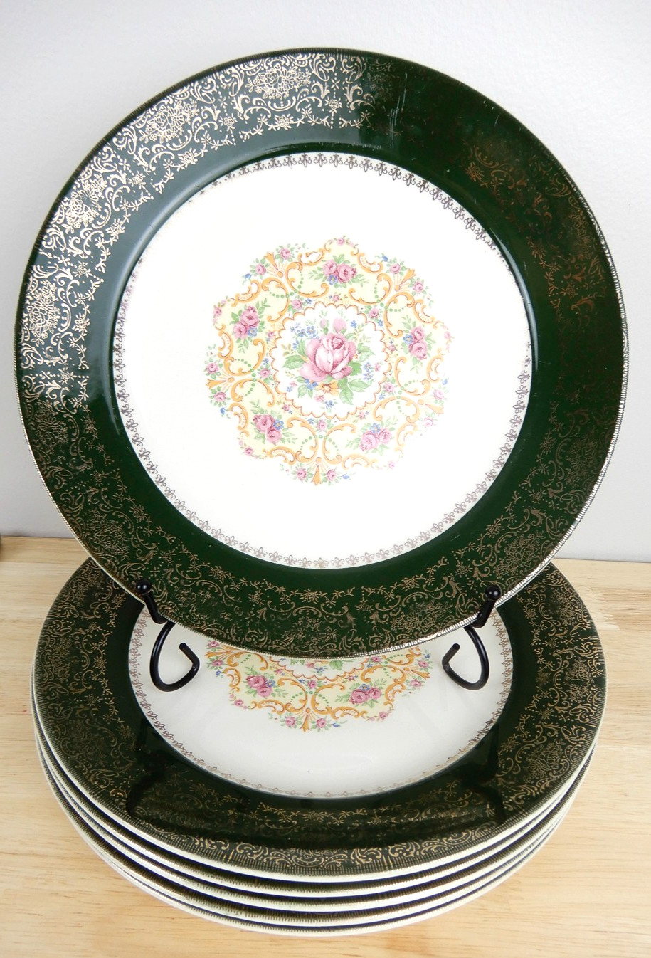 6 Harmony House by Salem Excellency Green Dinner Plate 10 inch Vintage 23K GOLD