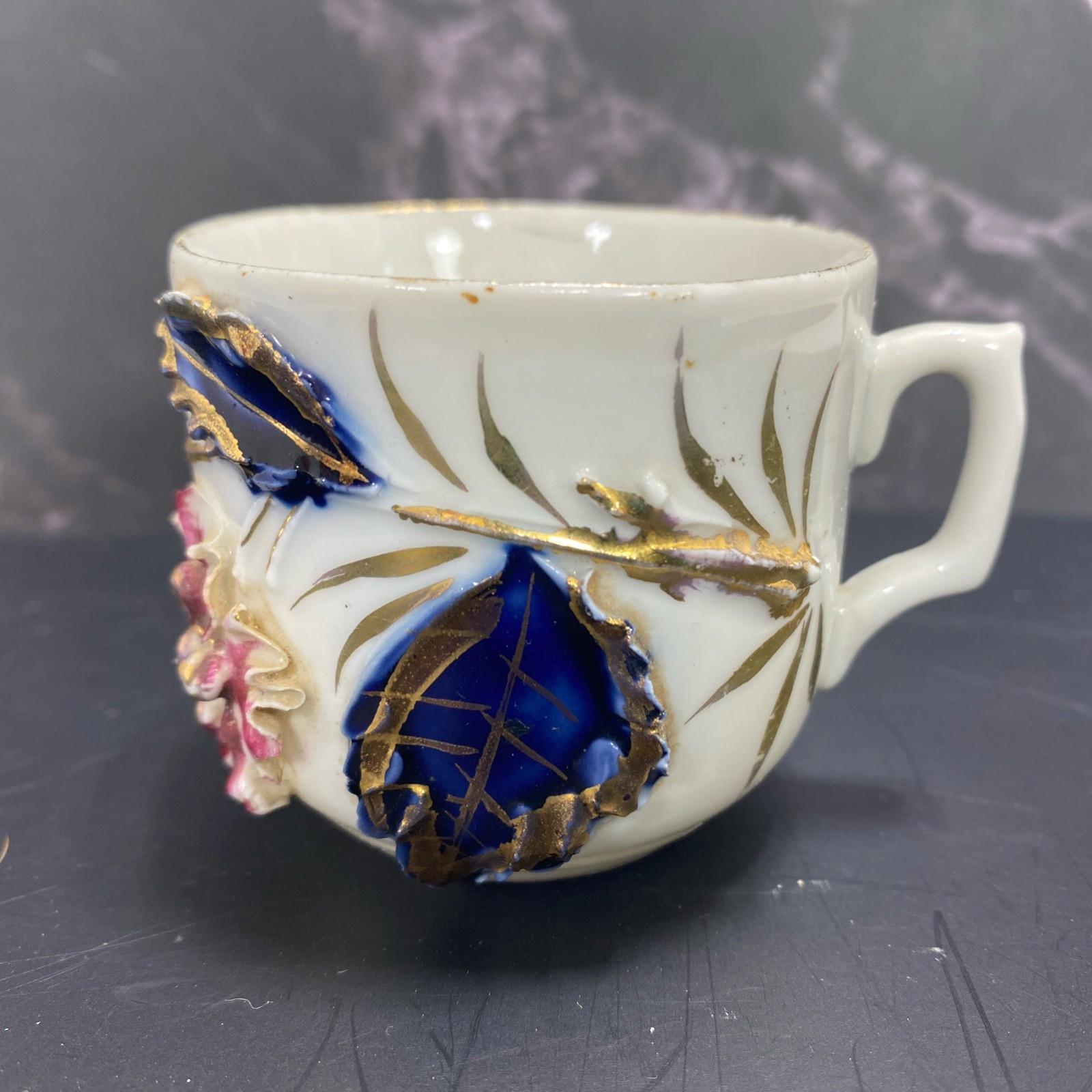 Antique Germany cobalt blue white gold rust Demitasse Cup applied Flowers Leaves