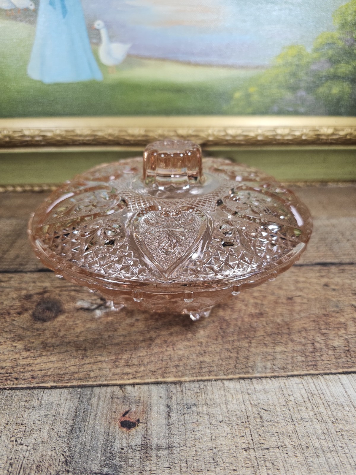 Vtg KIG Malaysia Pink Depression Glass Footed Candy Dish Heart & Rose Pattern