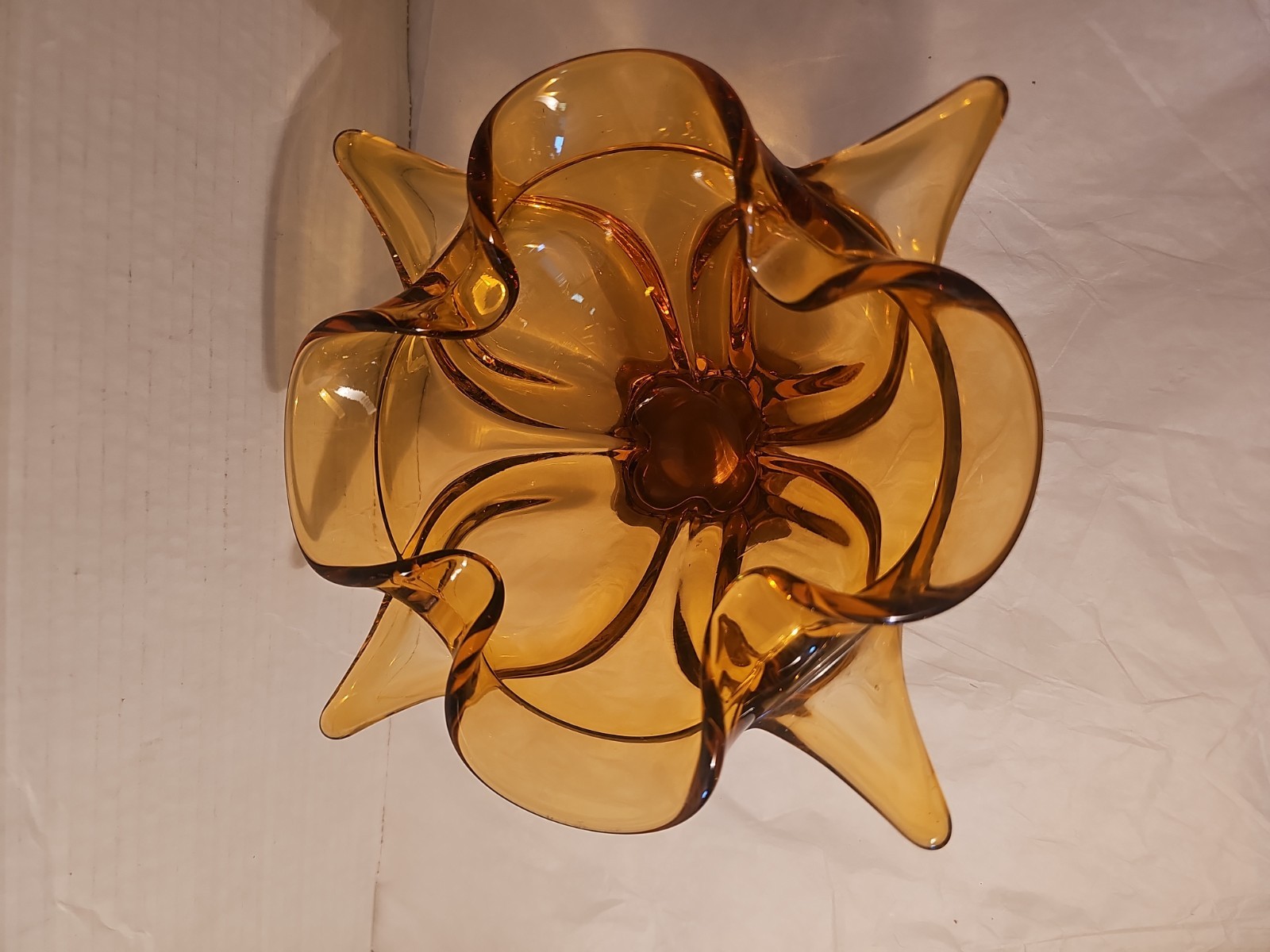 Viking Amber Chalet Four Point Ruffled Art Glass Bowl Dish Tray Vintage 9.25 In
