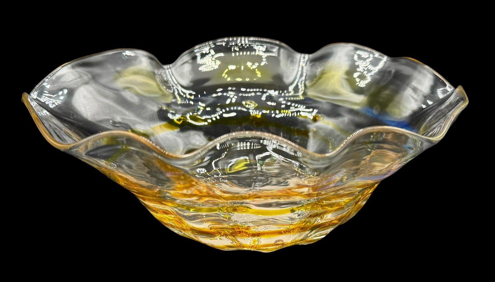 Signed Hilltop Studio Art Glass Ruffle Bowl Centerpiece Amber Clear Handblown