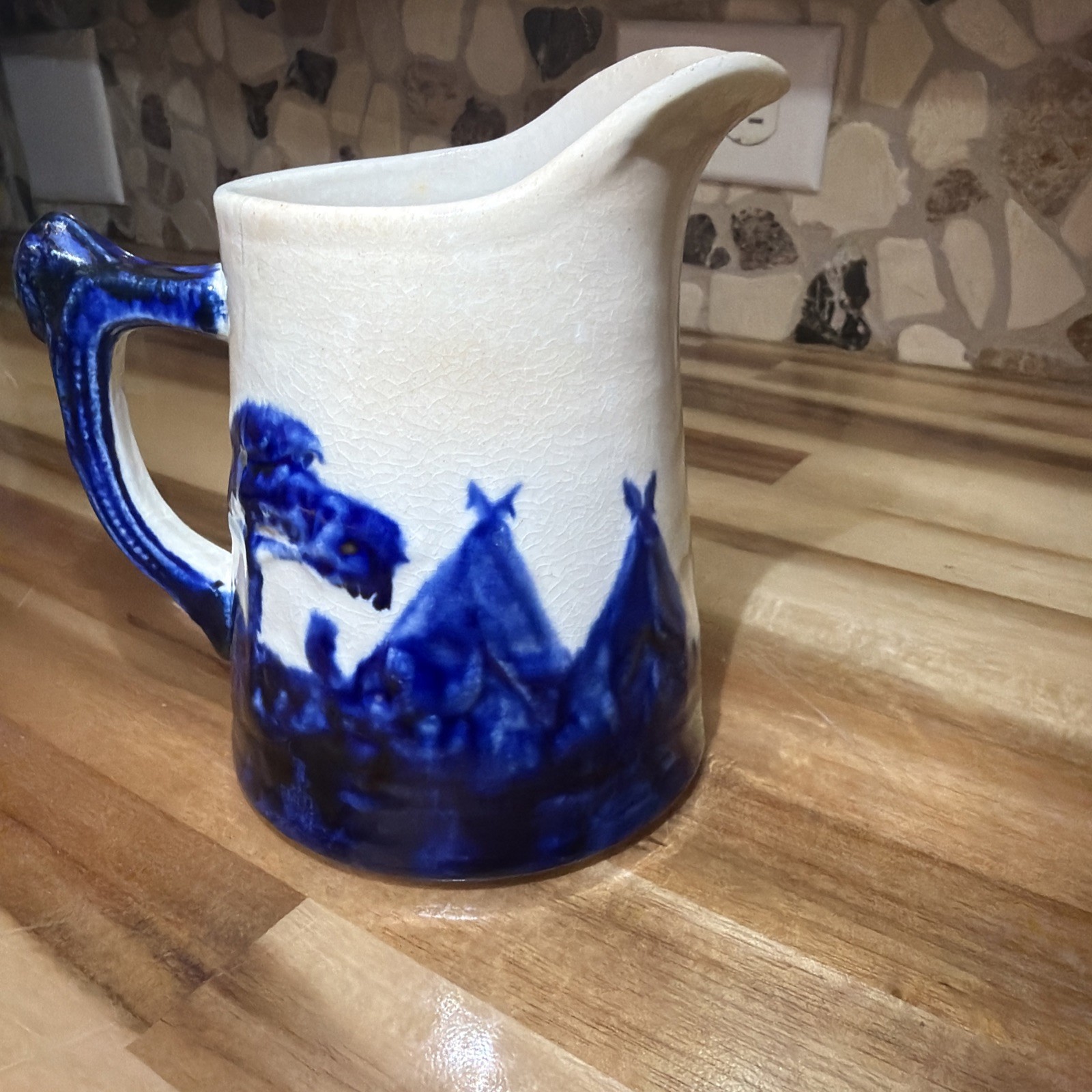 Original OLD SLEEPY EYE PITCHER MONMOUTH, IL POTTERY 5” TALL BLUE AND WHITE