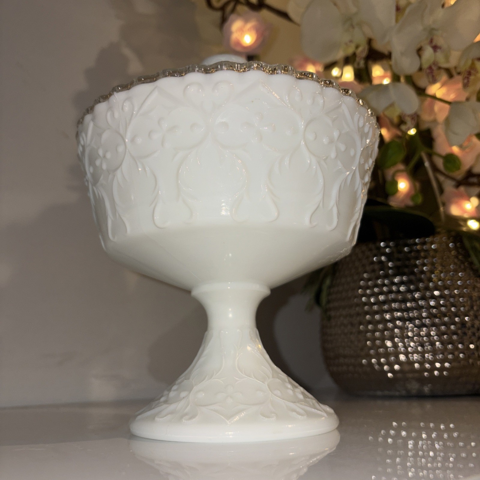 Fenton Milk Glass Silver Crest W/ Spanish Lace Footed Compote Candy Dish W/Lid