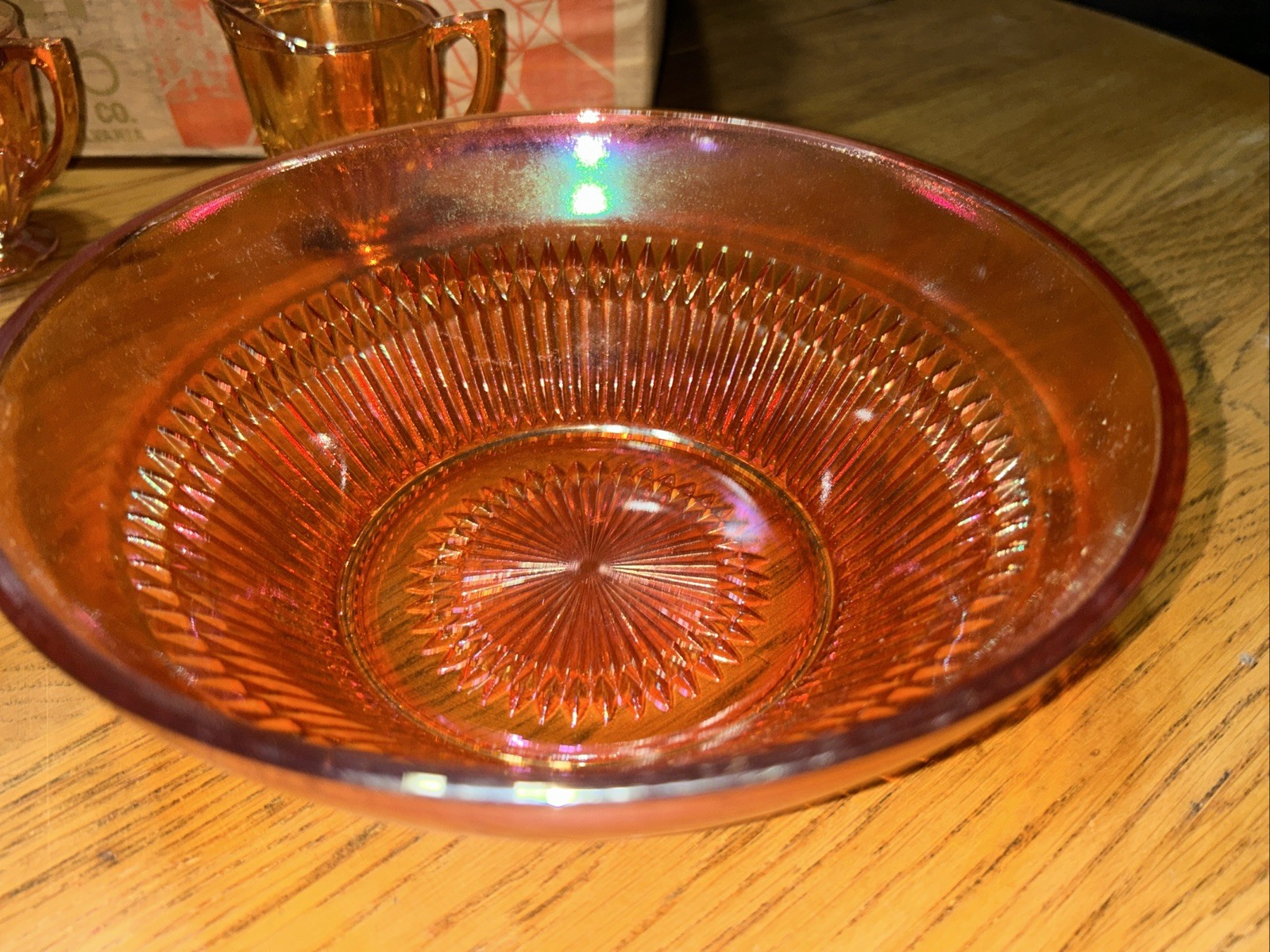Vintage glass ware 35 Piece Set Jeannette Glass Co. Original Box gold orange