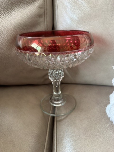 VTG Indiana Glass Diamond Point Ruby Flash Footed Compote/Candy Dish 7.5″x6″