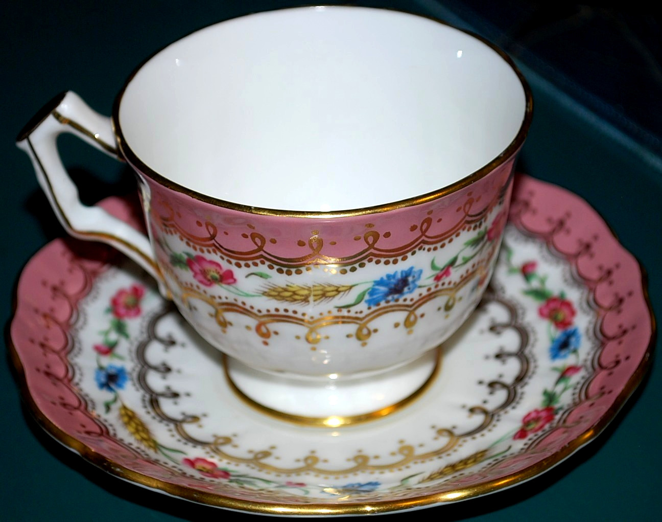 Vtg AYNSLEY ENGLAND Footed Teacup & Saucer HARVEST WHEAT/PINK FLORAL Bone China