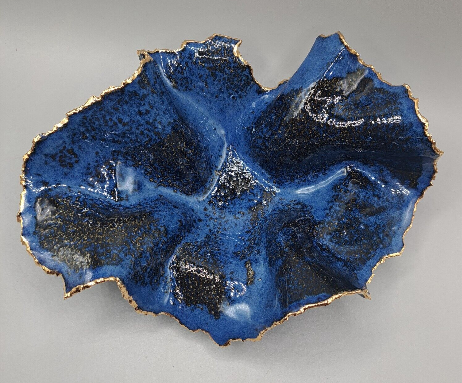 Freeform handkerchief Pottery Bowl Blue Unsigned Cobalt/Gold Trim OrganicTexture