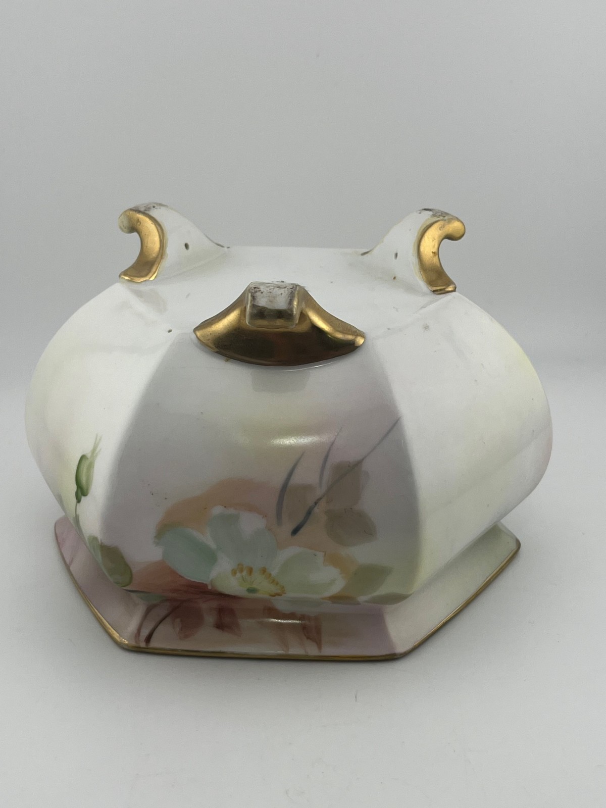 Antique Nippon Hand Painted Footed Bowl Floral Gold Trim Hexagon Pre-1921