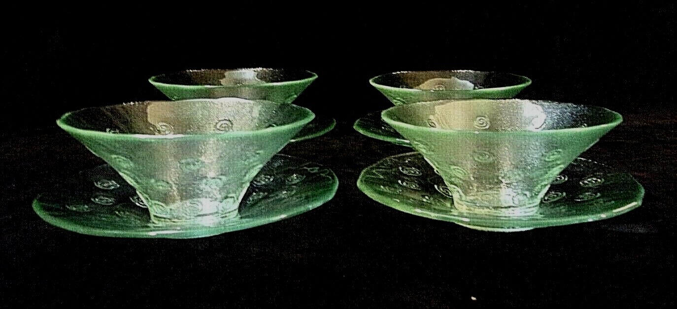 FOUR PIECE SET of GREEN TINTED GLASS BOWLS with MATCHING SAUCERS – SPIRALS!!
