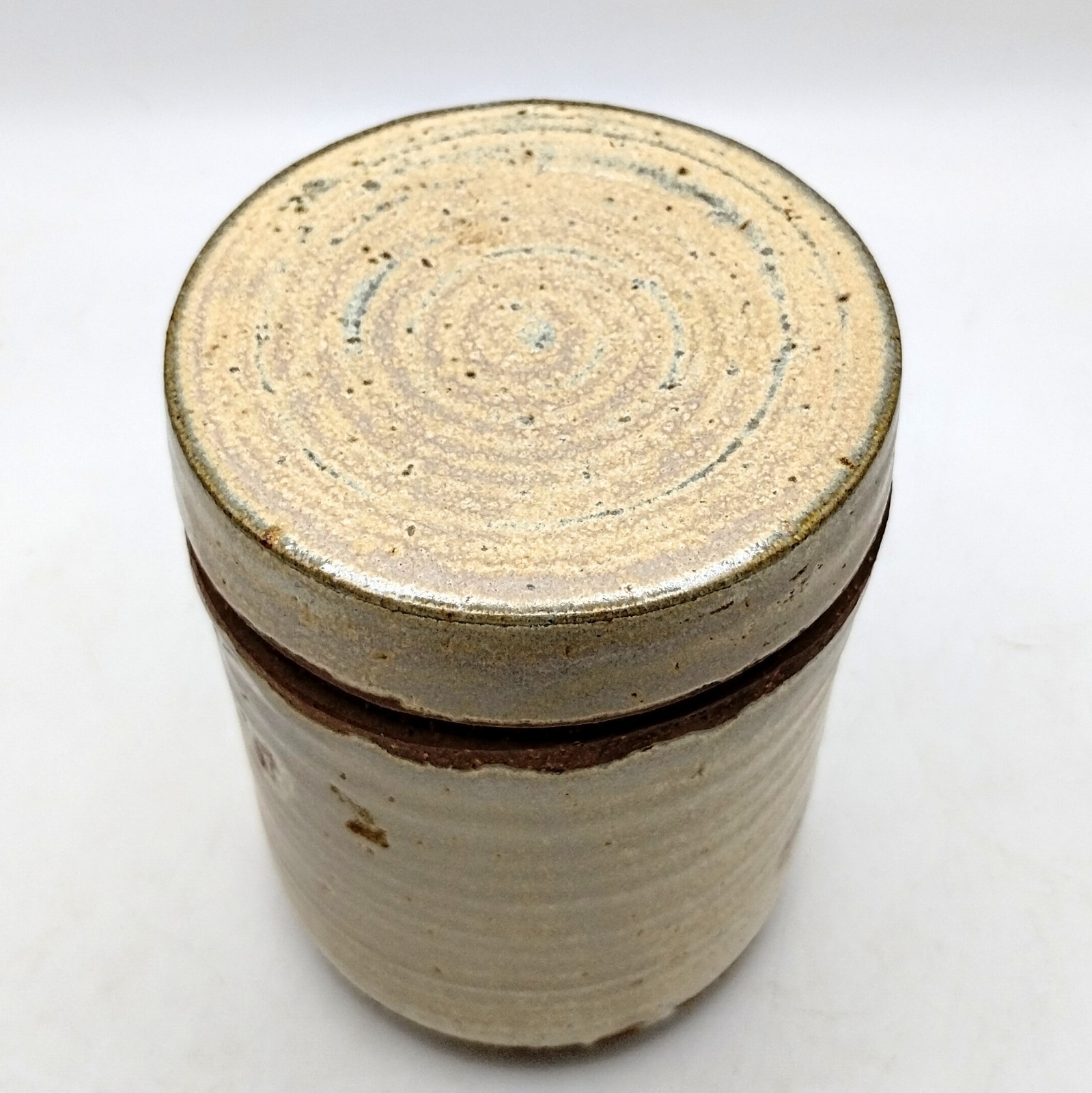 Vintage Studio Pottery Lidded Stoneware Jar Crock Canister Cream 5″ Signed