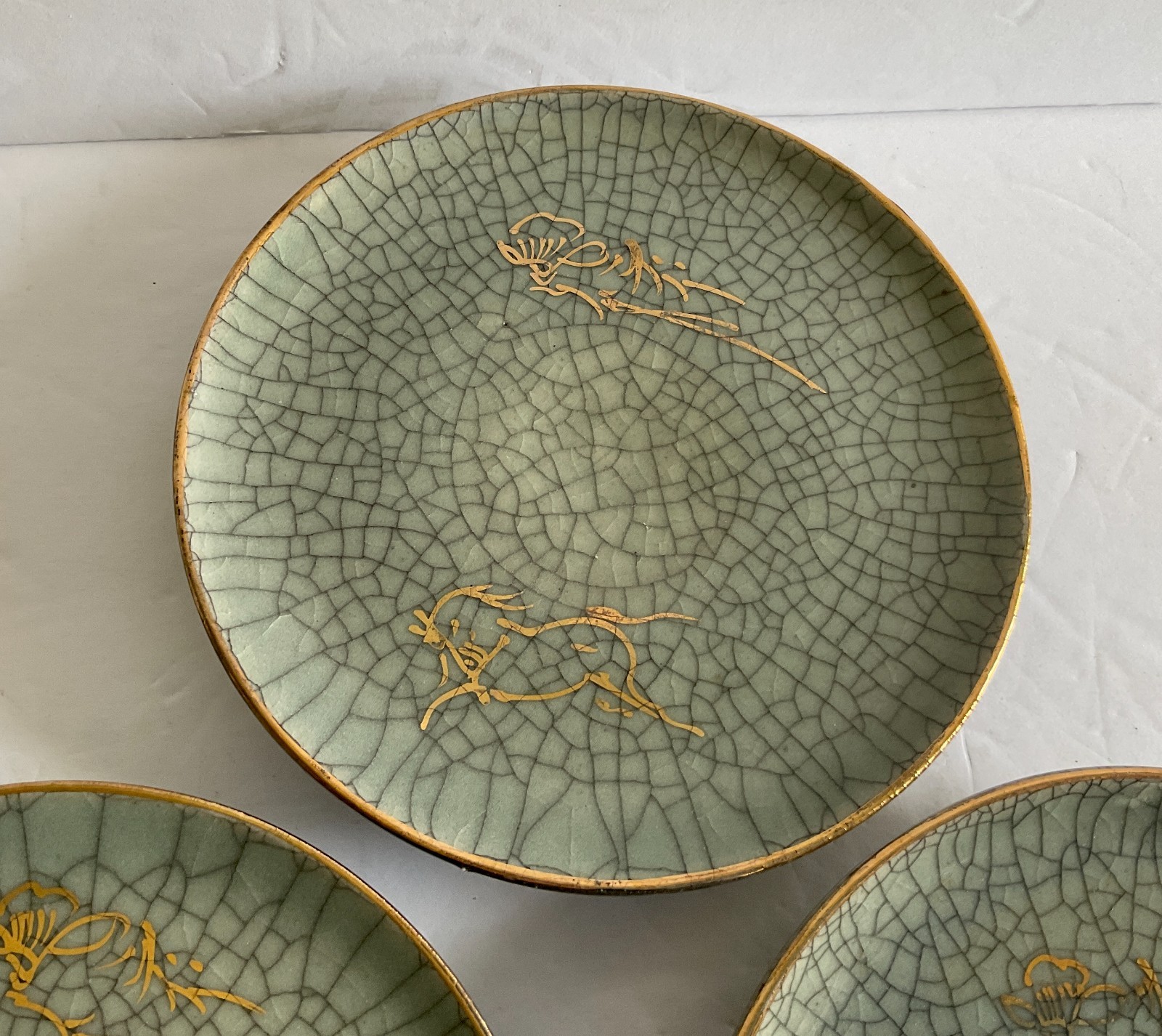 Vtg Somayaki Soma Ware Double Wall Bread Plates 5 1/2″D Green Crackle Set of 5