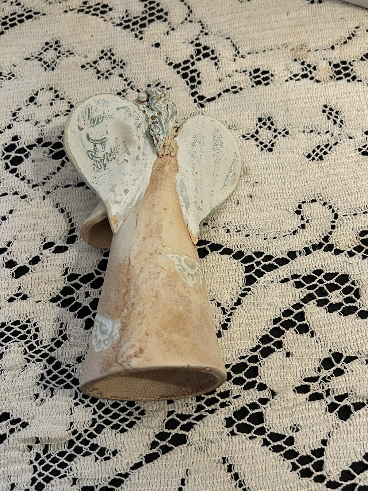 Pottery angel holding heart studio signed Olivia D Dowdy rustic North Carolina