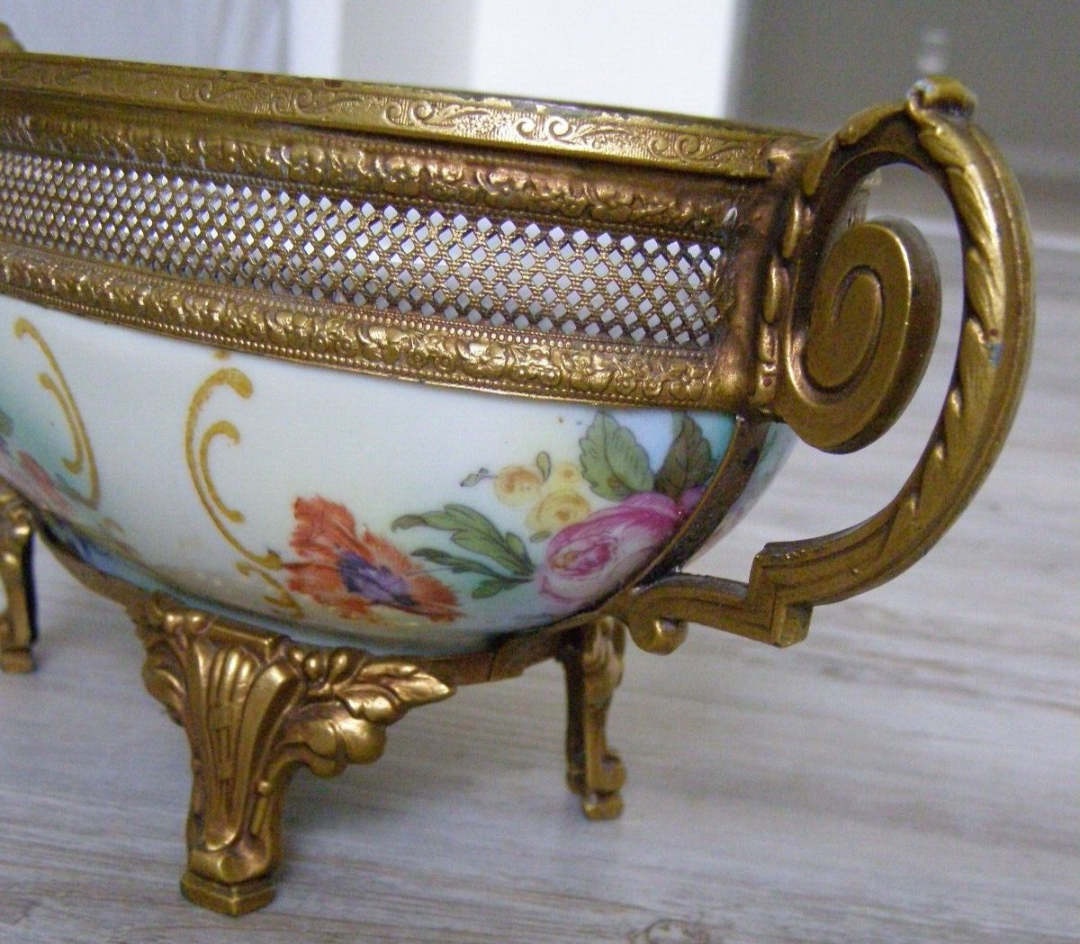 Antique Karlovy Vary Porcelain Serving Dish Gilt metal base bottom stamped #23