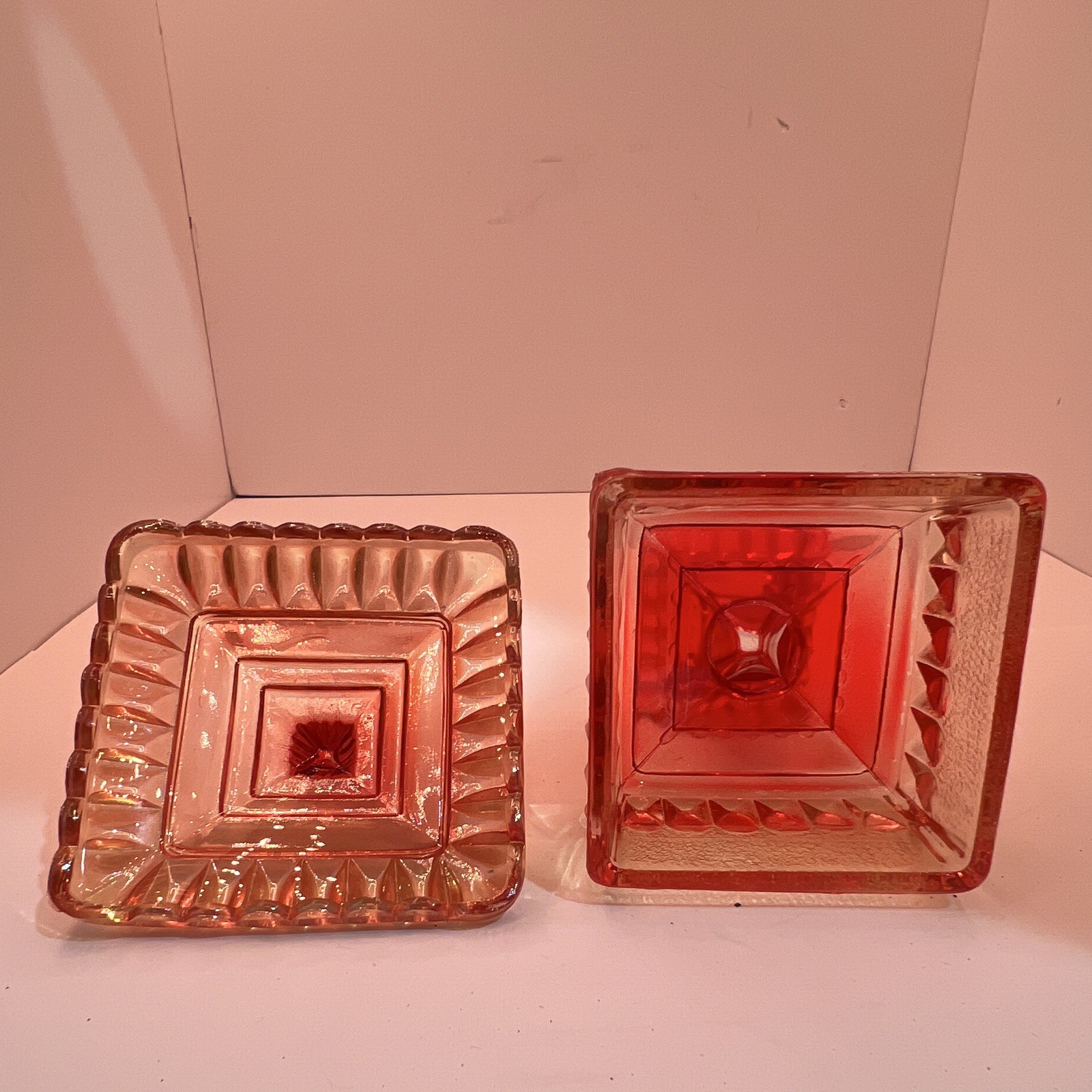 Red & Clear Glass Square Pedestal Covered Dish w/ Lid 7.75in H x 5.75in W