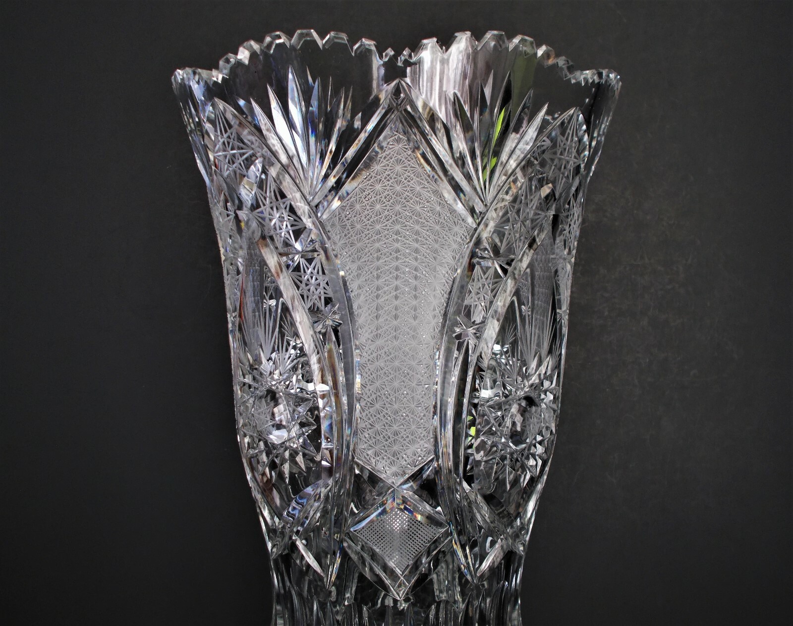 LARGE 16″Tall x 9 1/2″ Top x 5 1/2″ Base ABP Cut Glass Vase – 14 Pounds Heavy