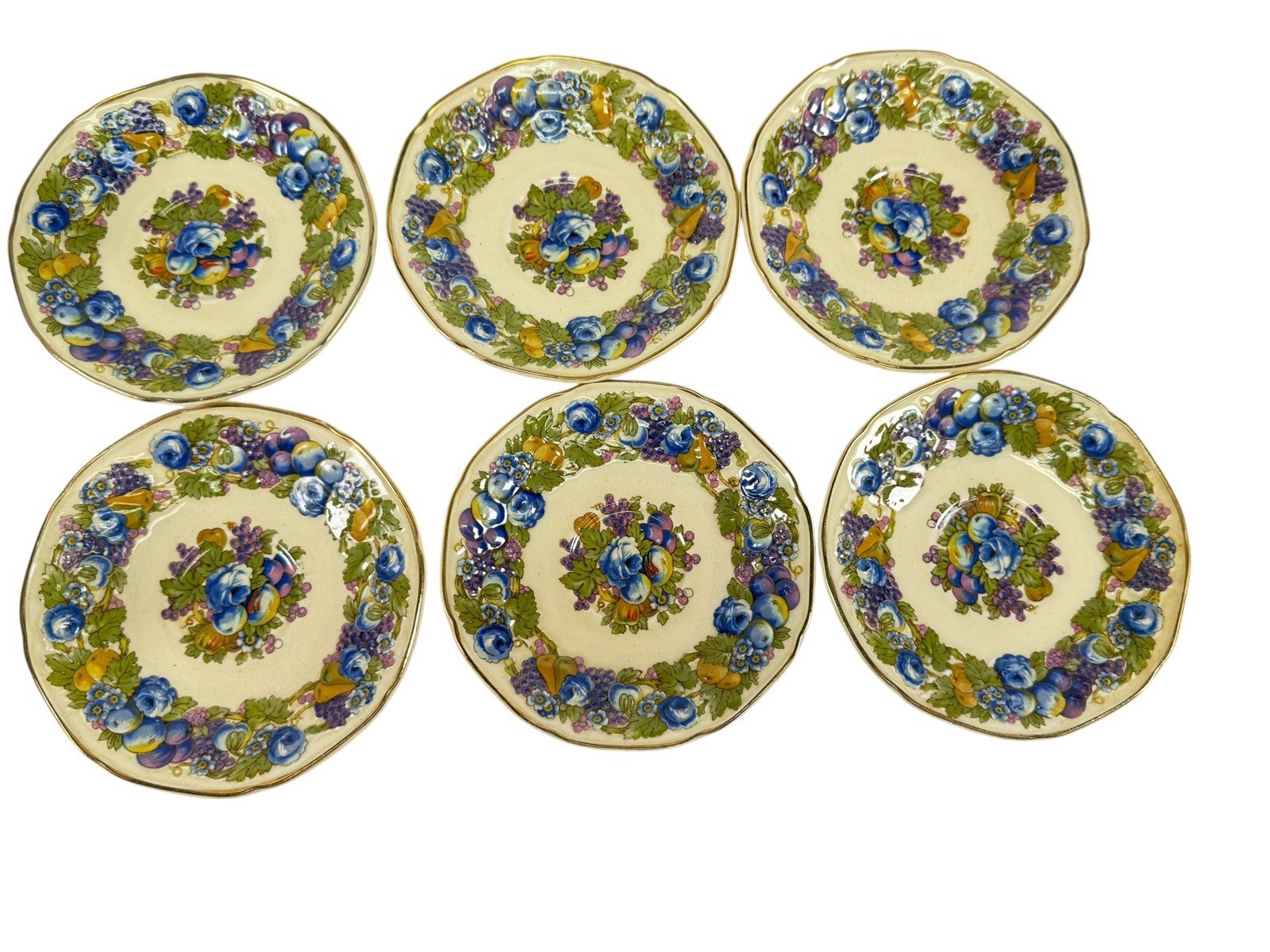 Vintage Crown Ducal Florentine Tea Set of 6 Cups & Saucers Made in England 1954