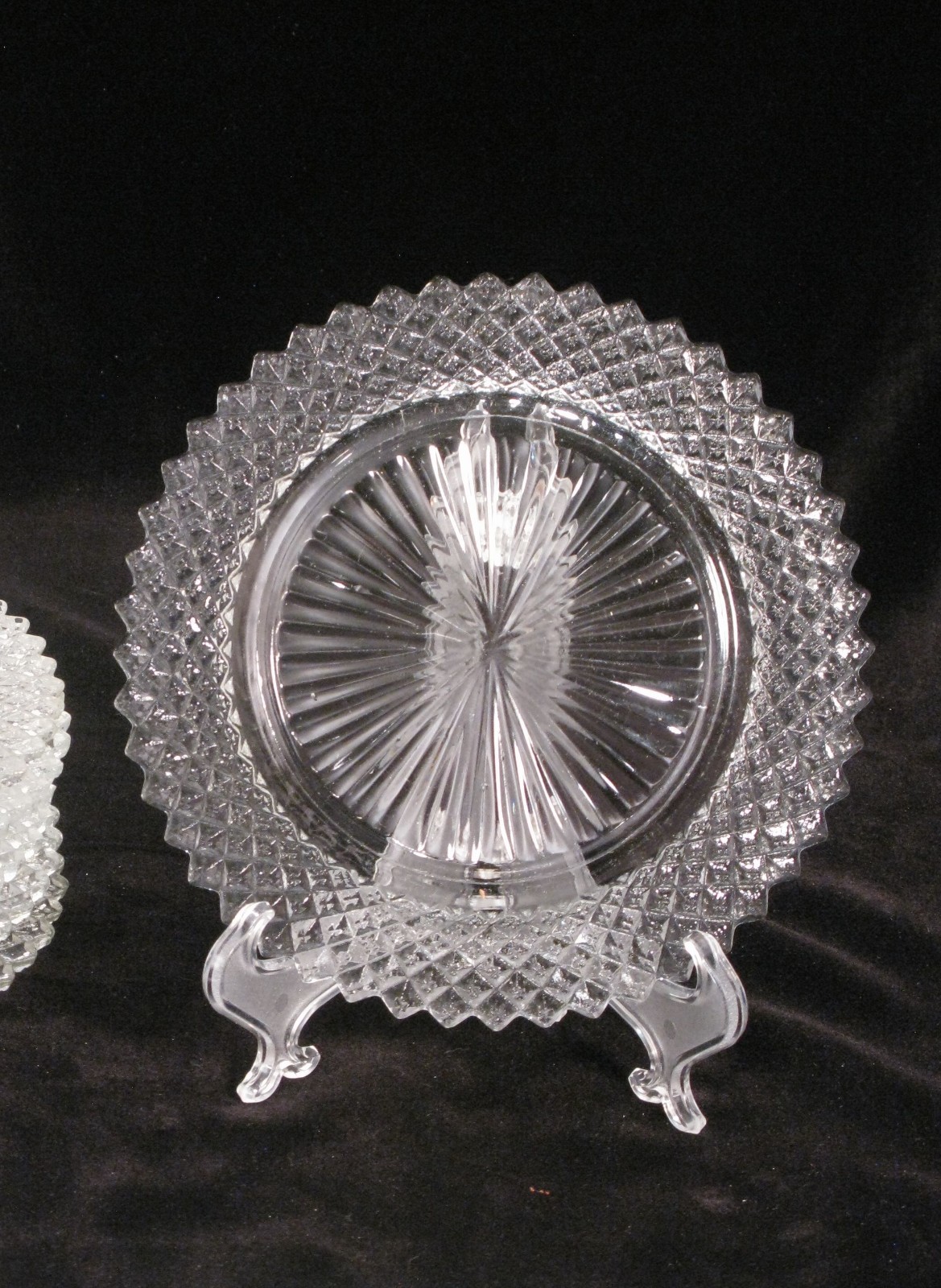 Set of 6 Vintage Clear Pressed Glass Luncheon Dessert Plates Diamond Cut Pattern