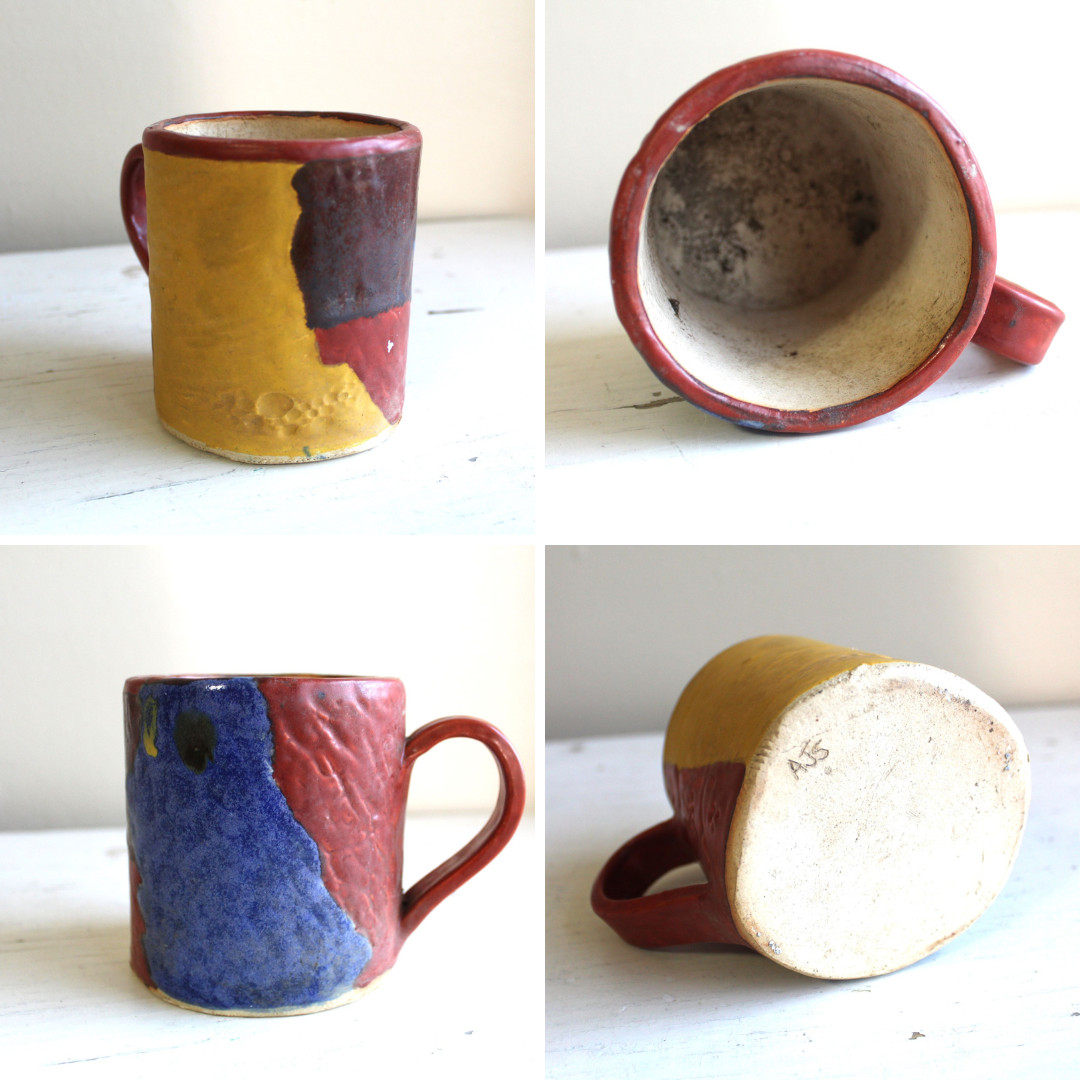 Student Made Wheel Thrown Mug Rust Blue Gold Coffee Tea Art Pottery Incised AJS