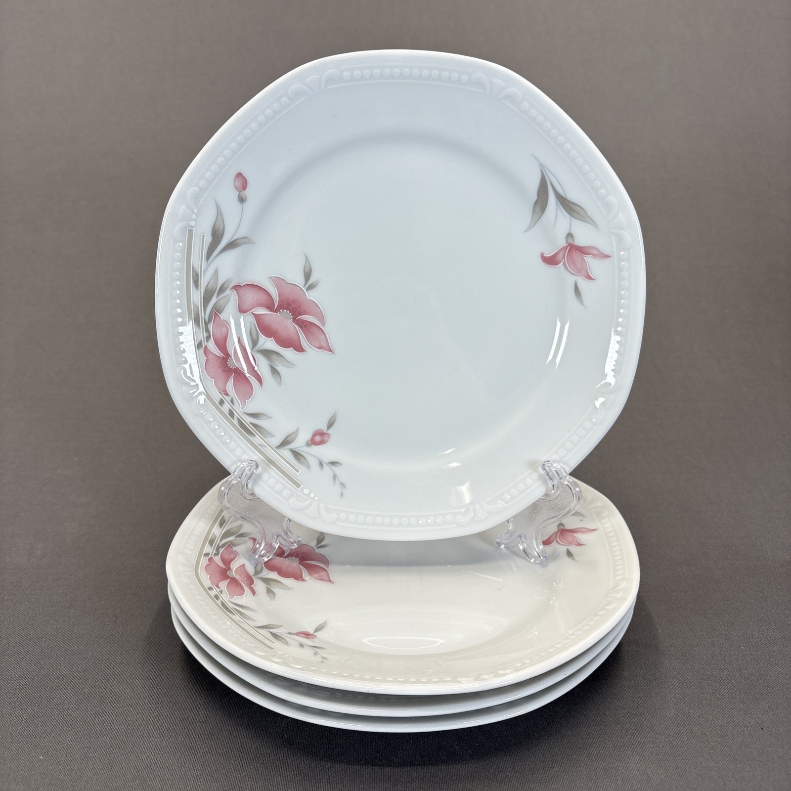 Mitterteich Bavaria Salad Plates 7 5/8″ Set of 4 Pink Flower MIT71 Embossed Edge