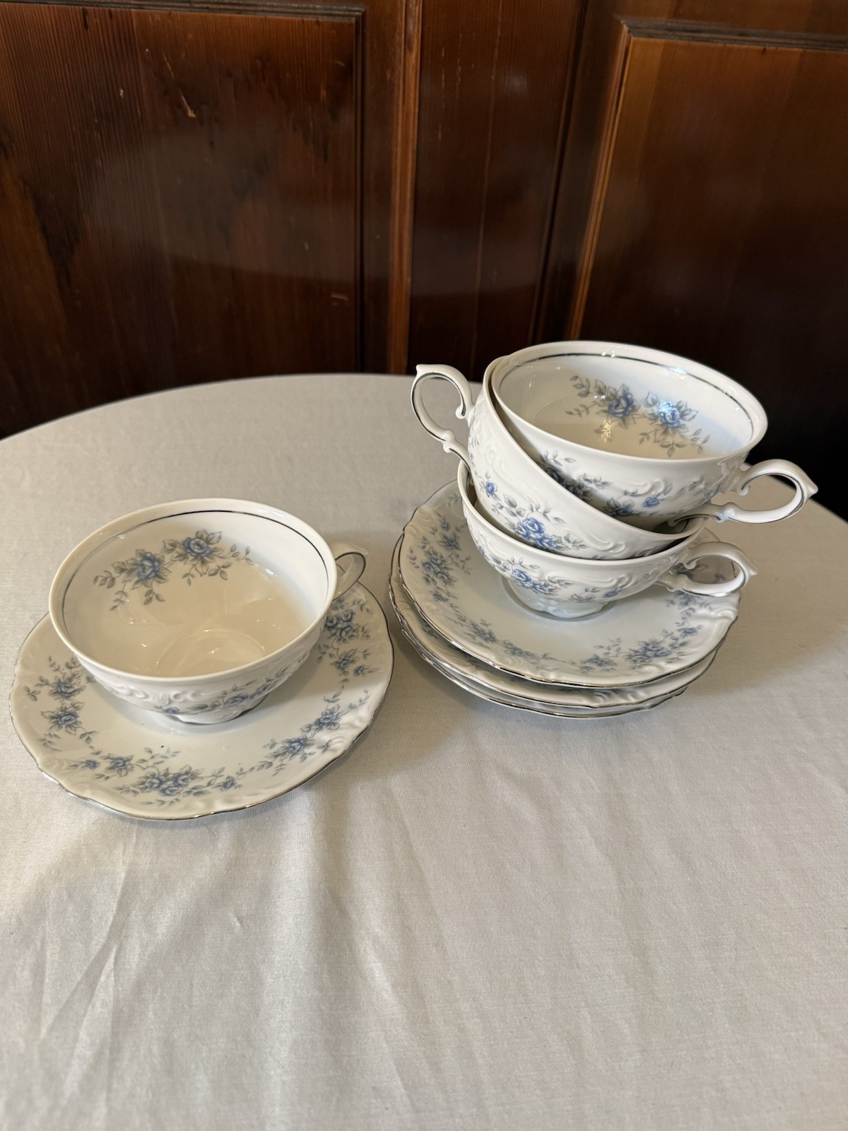 Vintage Winterling Teacup and Saucer White Blue Floral Platinum Trim Germany Set
