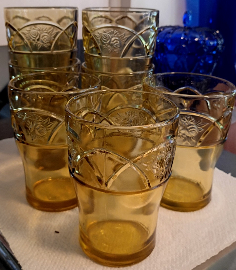 1) Federal ROSEMARY DUTCH ROSE AMBER TUMBLER GLASS 4.25″ 9oz EXC RARE (7 AVAIIL)