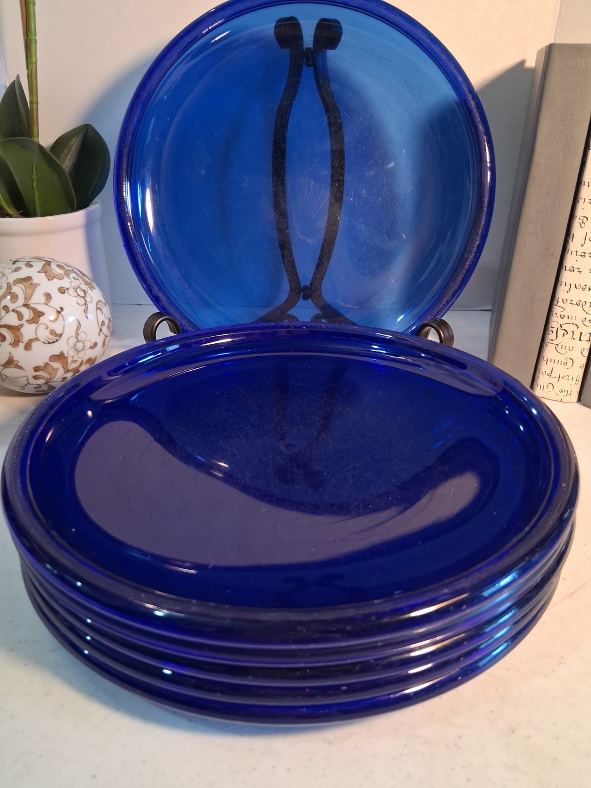 Vintage Arcoroc France Cocoon Cobalt Blue Glass Dinner Plates Set of 6 MCM