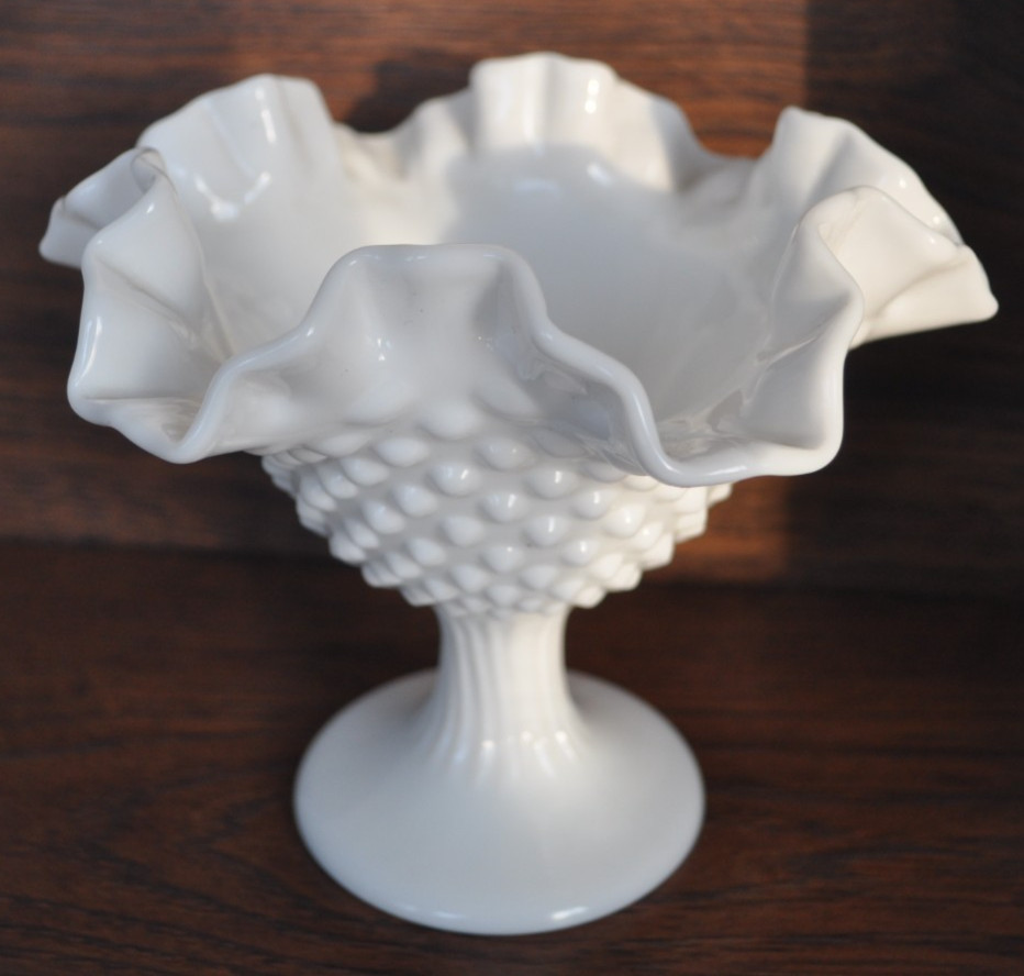 HOBNAIL MILK GLASS RUFFLED PEDESTAL BOWL 5 1/2 INCHES TALL