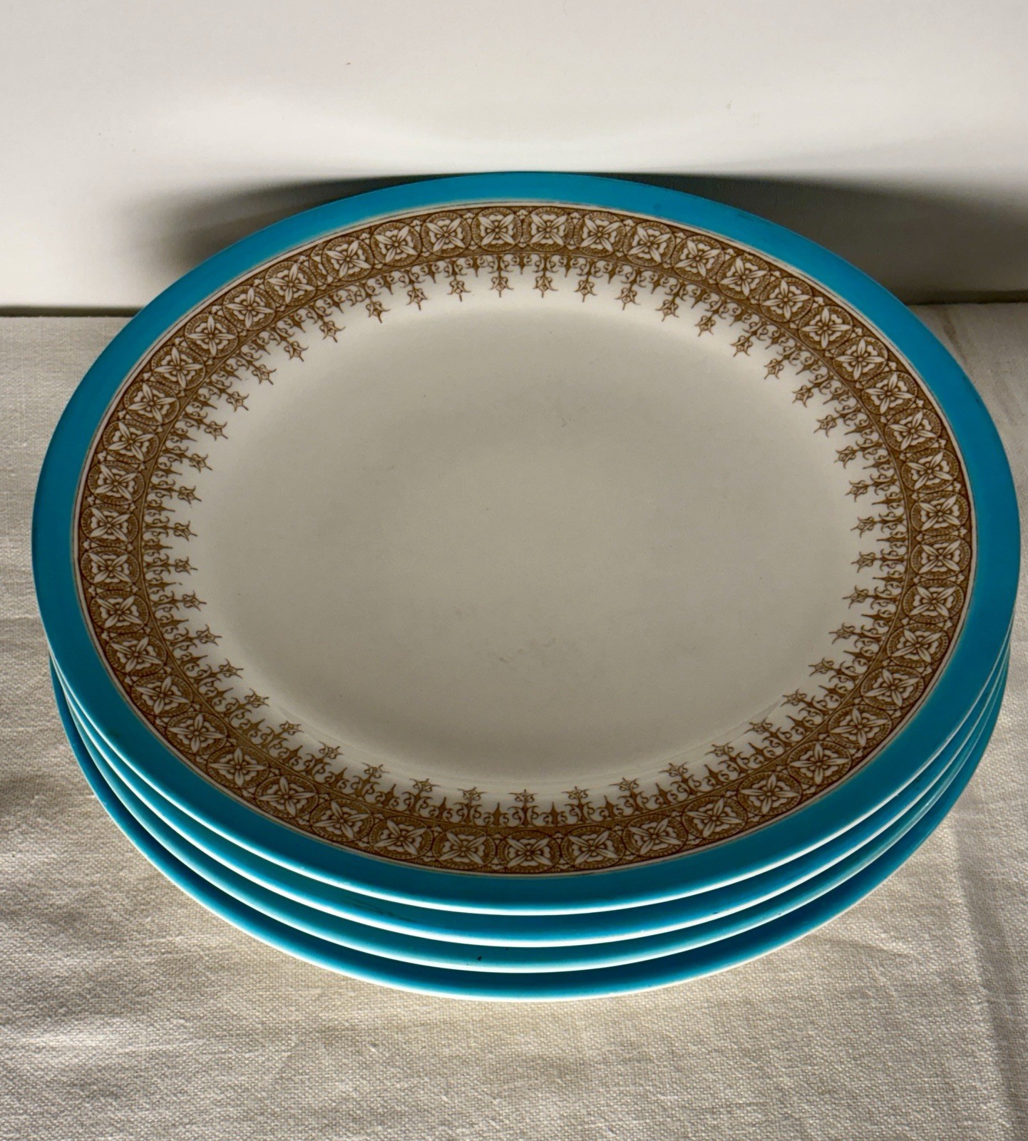 4 Antique Turquoise Gold & Cream Royal Worcester 9” Plates Circa 1888 Pat #2313